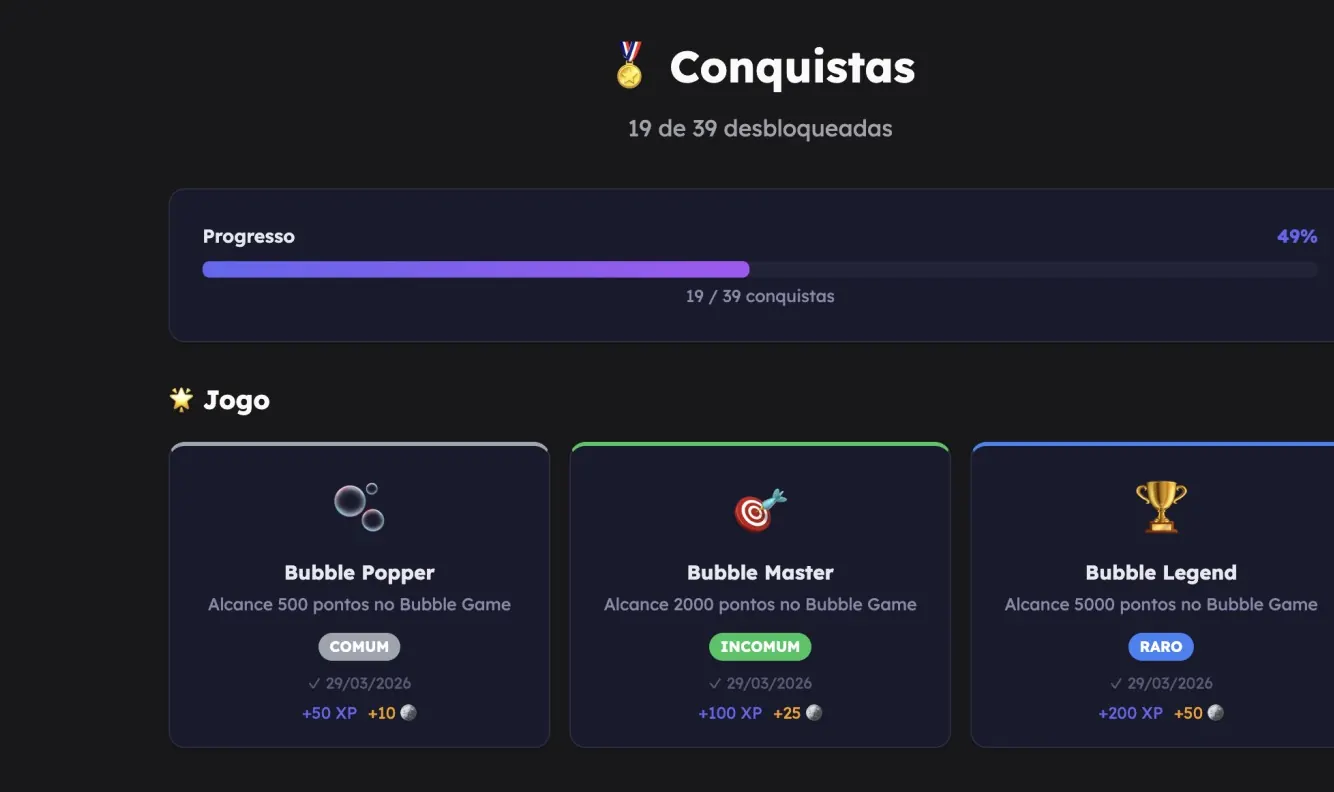 Galeria de conquistas do treinador de digitação, com medalhas de raridade comum, incomum, rara e épica e barra de progresso
