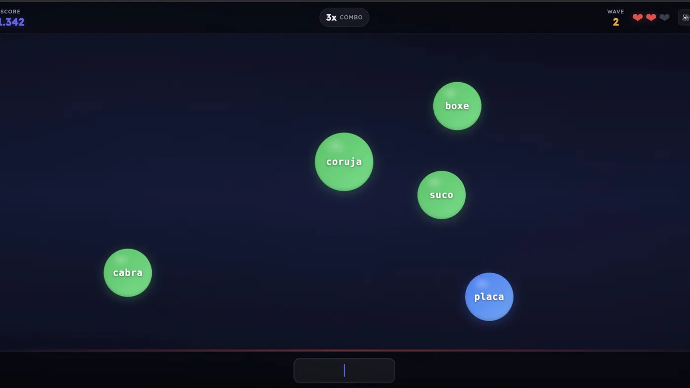 Bubble Game do Ensino Social: bolhas com as palavras coruja, boxe, suco, cabra e placa descendo na tela, com combo de 3x