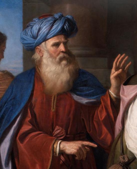 Figura de Abraão gesticulando ao expulsar Agar e Ismael, em detalhe de pintura de Guercino, 1657.