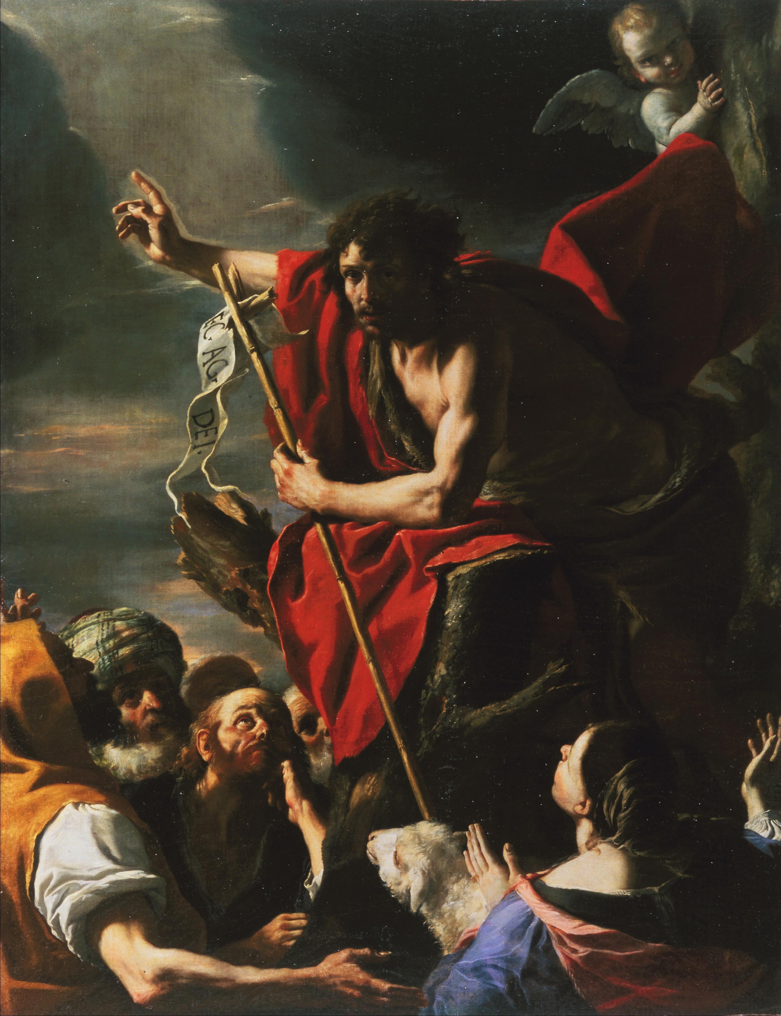 João Batista pregando a multidão, em pintura de Mattia Preti, cerca de 1665.