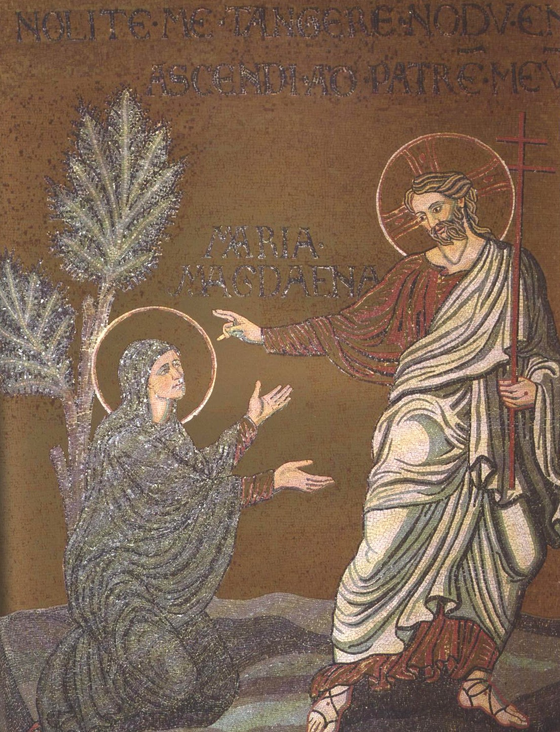 Mosaico medieval de Monreale retratando o encontro de Maria Madalena com o ressuscitado, cena conhecida como Noli me tangere.