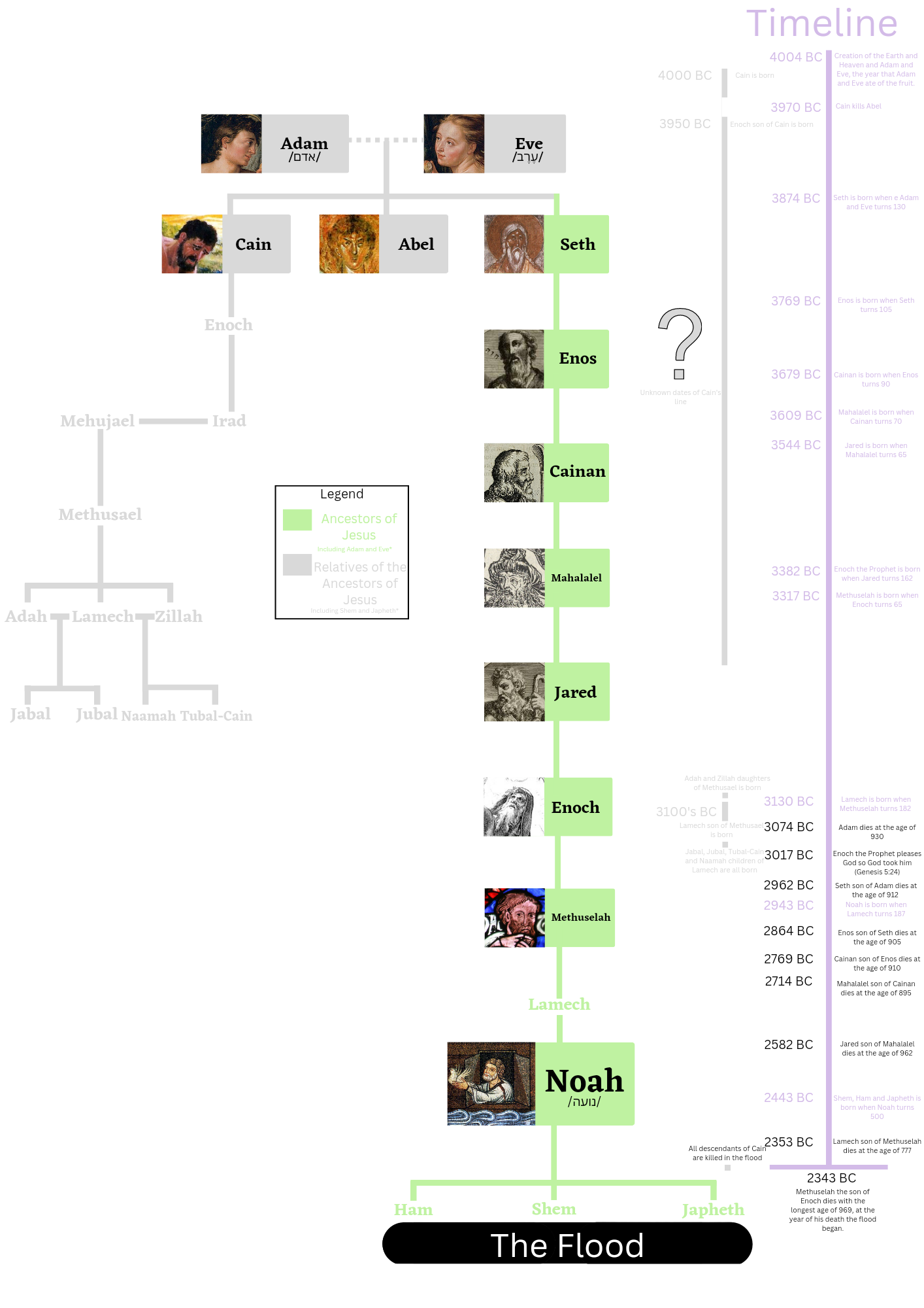 Árvore genealógica bíblica de Adão até Noé, com Matusalém posicionado entre Enoque e Lameque, em infográfico moderno.