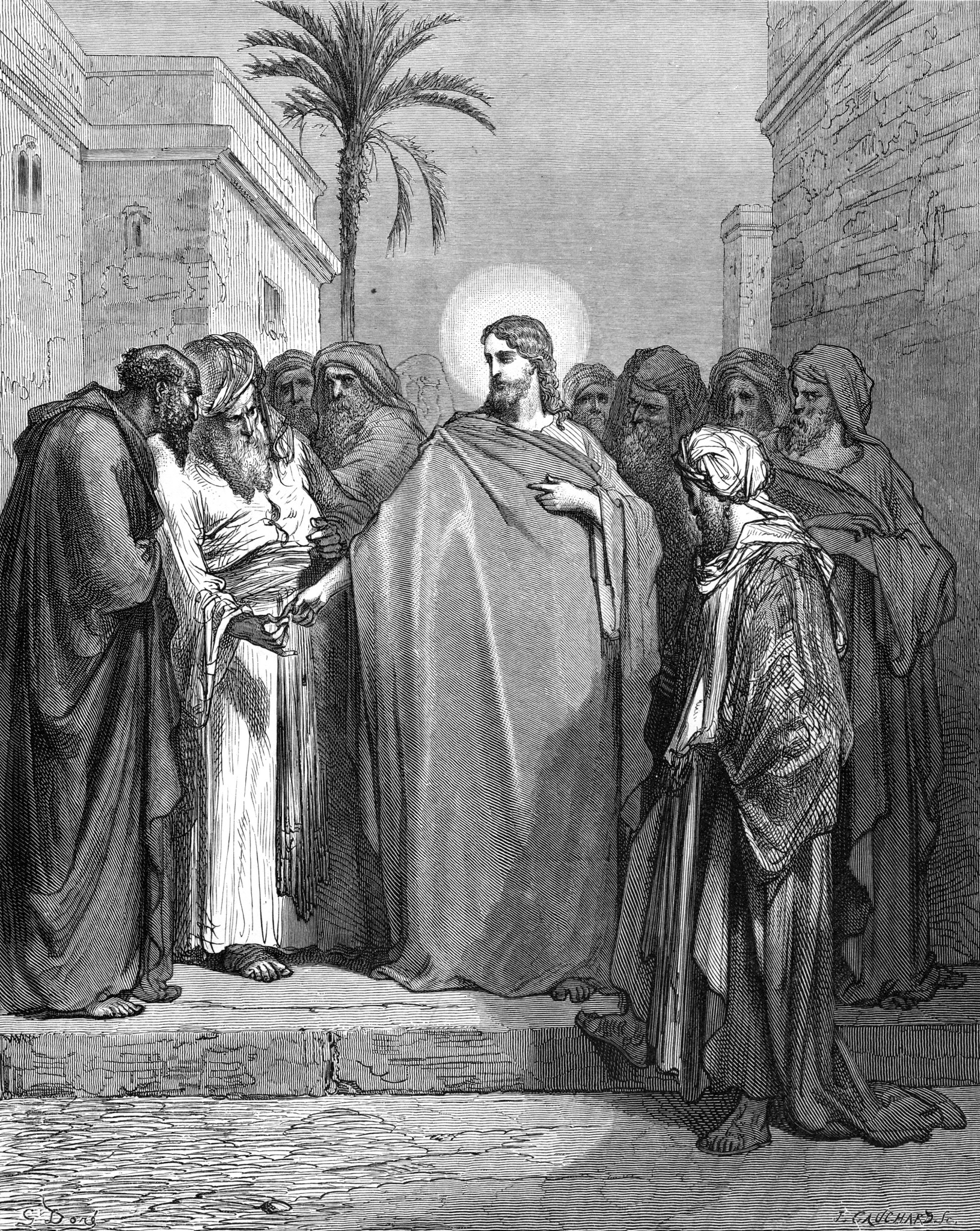 Jesus em debate com fariseus, em gravura de Gustave Doré publicada em 1874, retratando o confronto entre os grupos.