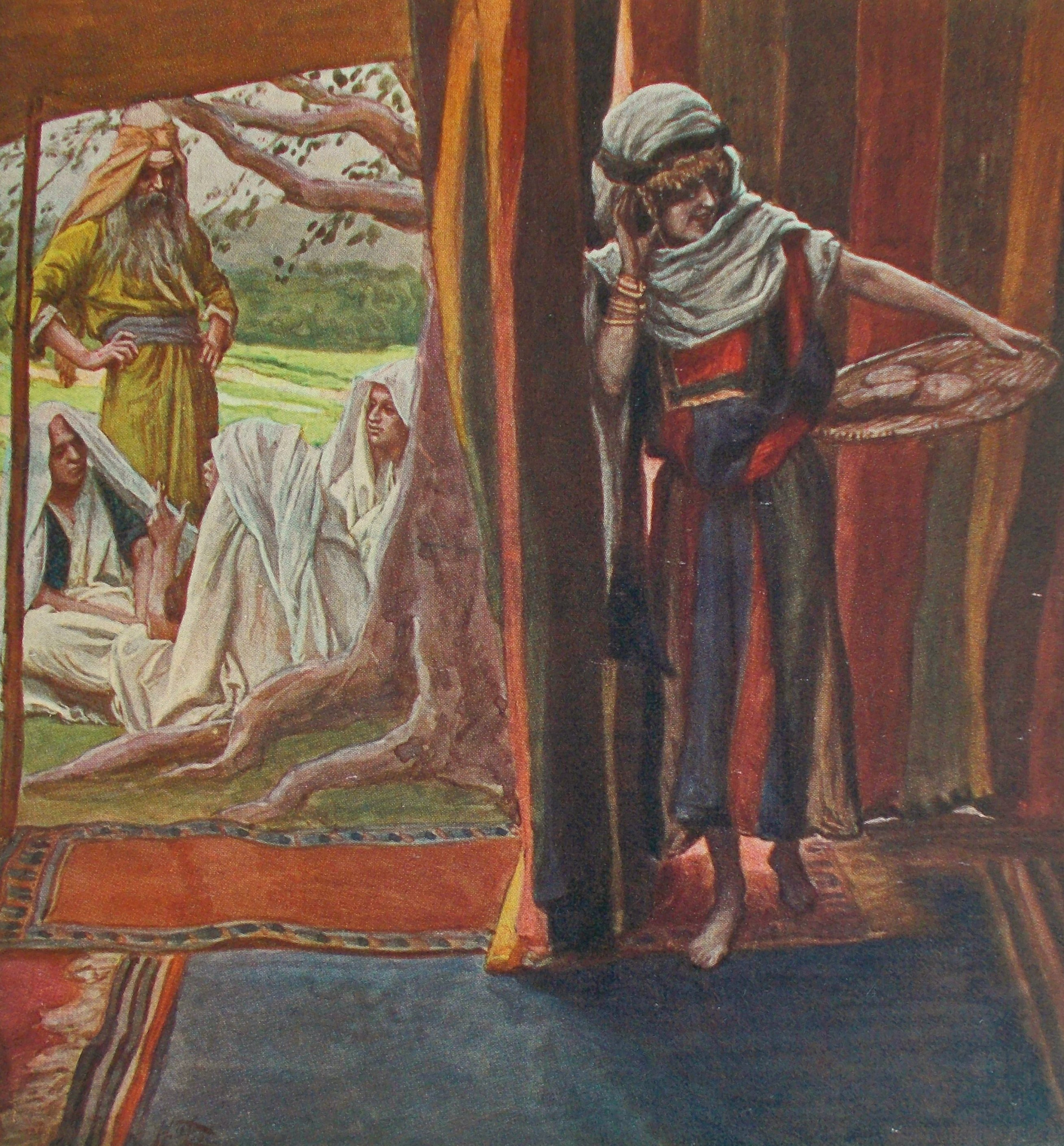 Sara escondida atrás da tenda ri ao ouvir a promessa de que teria um filho, em pintura de James Tissot (c. 1896-1902).