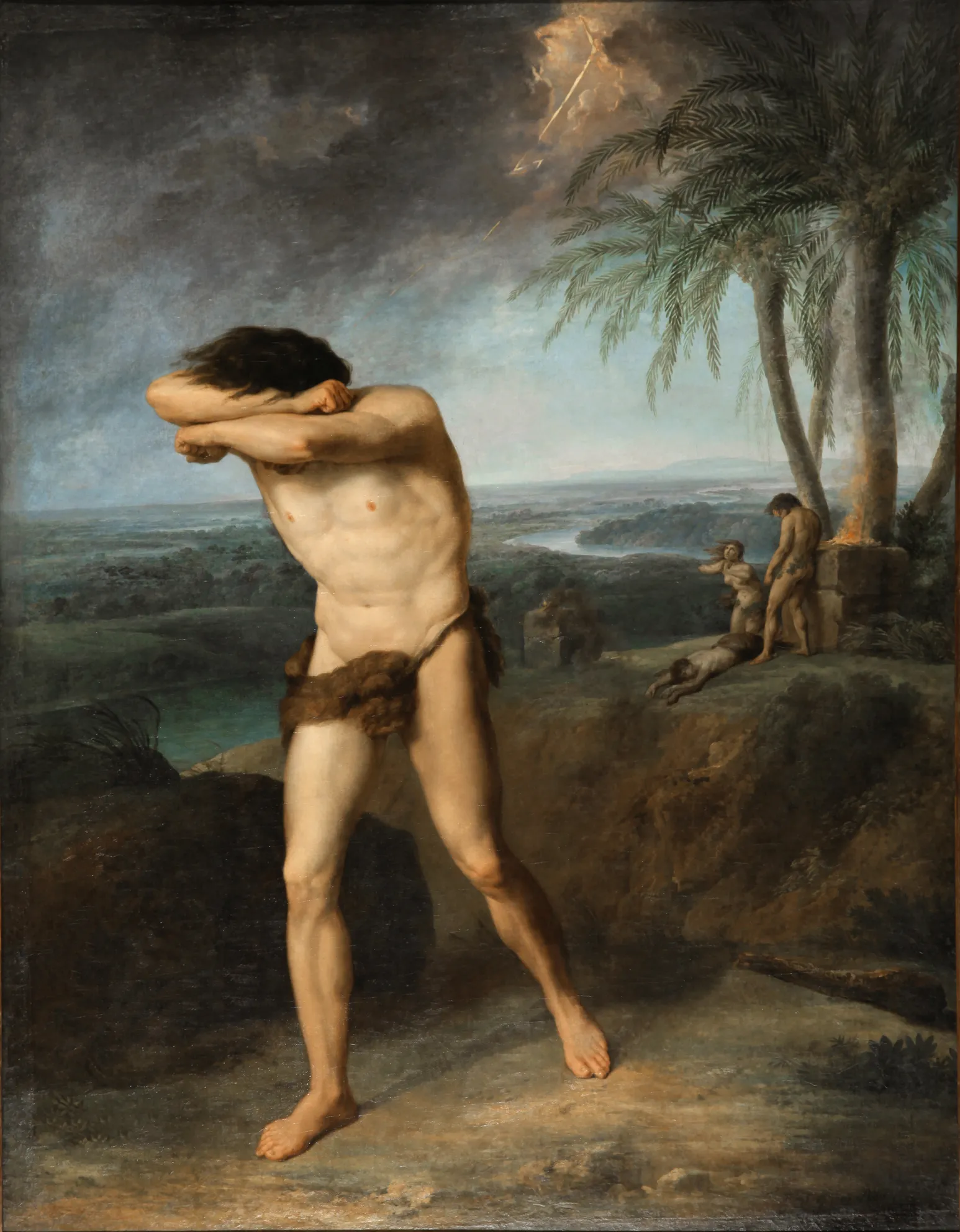 Caim em fuga após matar Abel, com Adão e o corpo do irmão ao fundo, em pintura de Friedrich Rehberg, 1791.