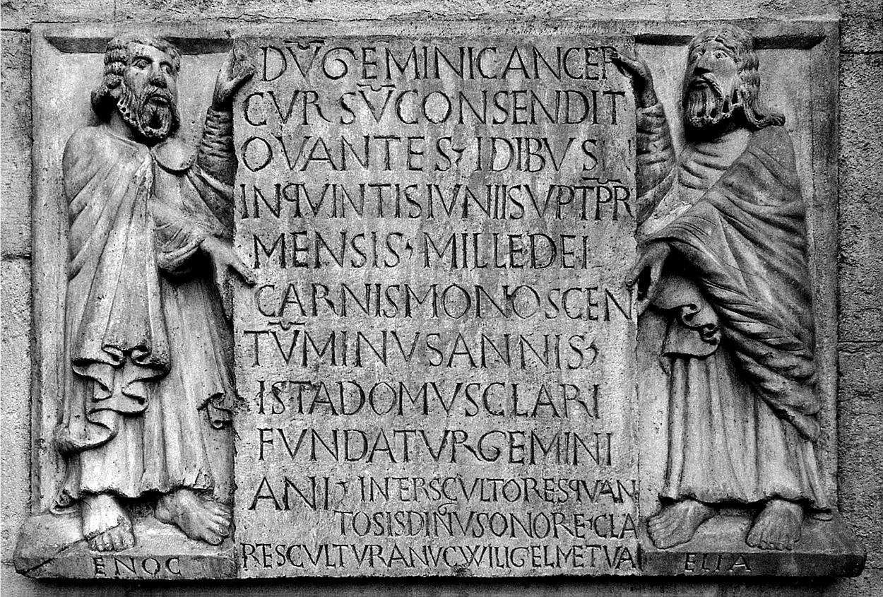 Relevo medieval do Duomo de Modena com as figuras de Enoque (à esquerda, identificado por inscrição) e Elias, século XII.