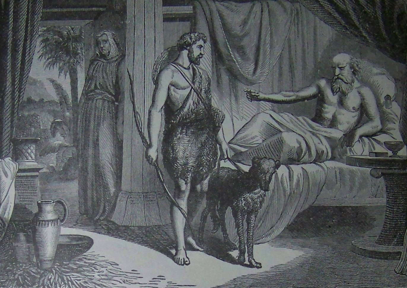 Esaú, vestido de peles e com arco, apresenta-se diante de Isaque, em ilustração da Bíblia Holman, 1890.