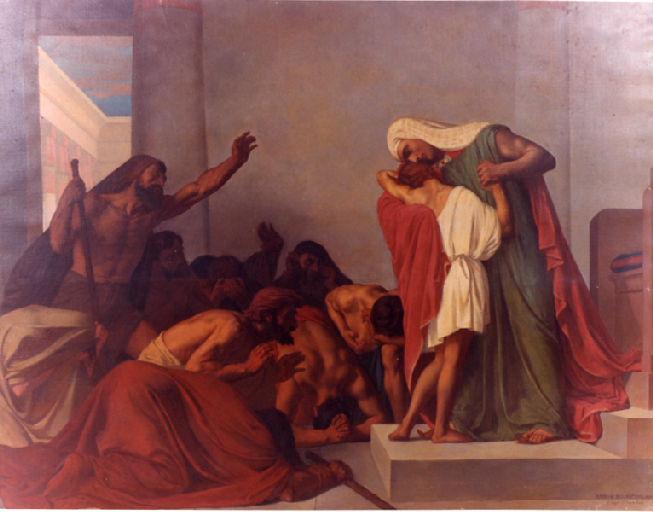 José se revela a seus irmãos, que se prostram diante dele, em pintura de Urbain Bourgeois, 1863.