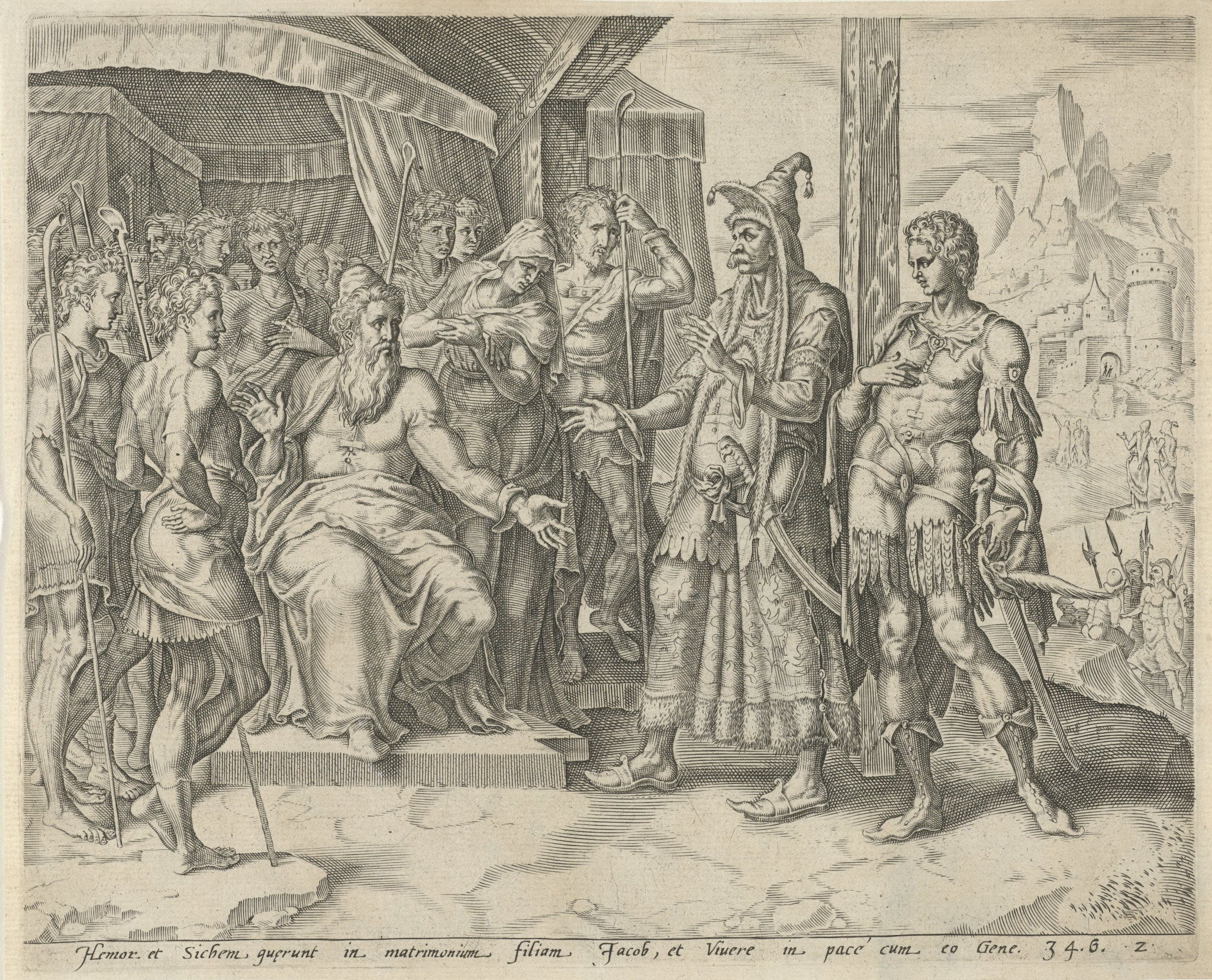 Cena de negociação entre Jacó e Siquém pelo casamento de Diná, em gravura do século XVI inspirada em Gênesis 34.