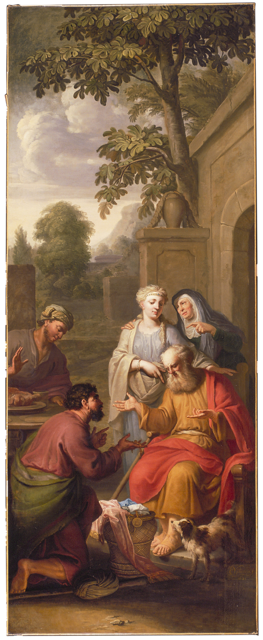 Eliézer ajoelhado diante de Betuel, com Rebeca ao centro, em pintura de Elias van Nijmegen, 1731.