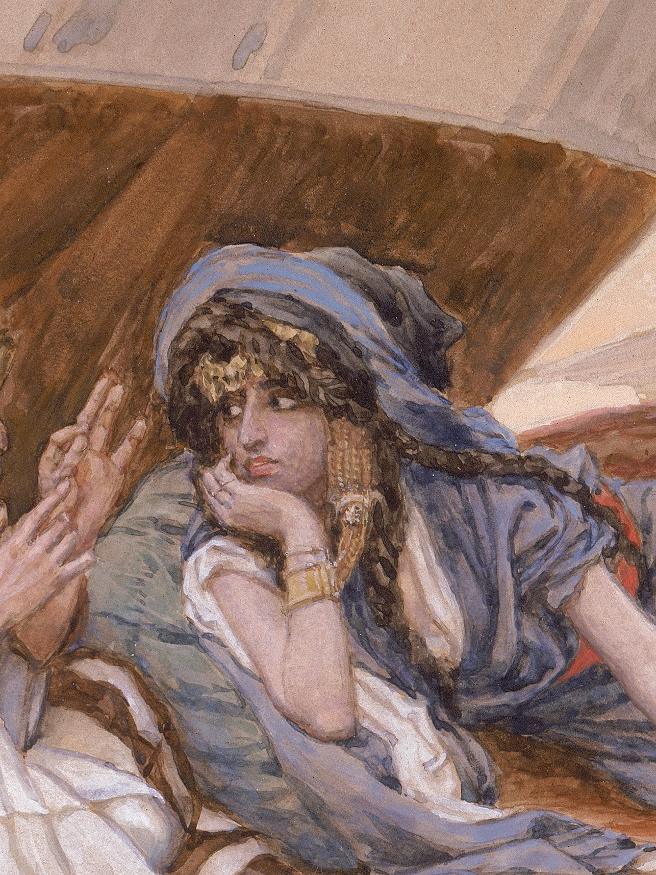 Sarai reclinada ouve os conselhos de Abraão dentro da tenda, em aquarela de James Tissot (c. 1896-1902).