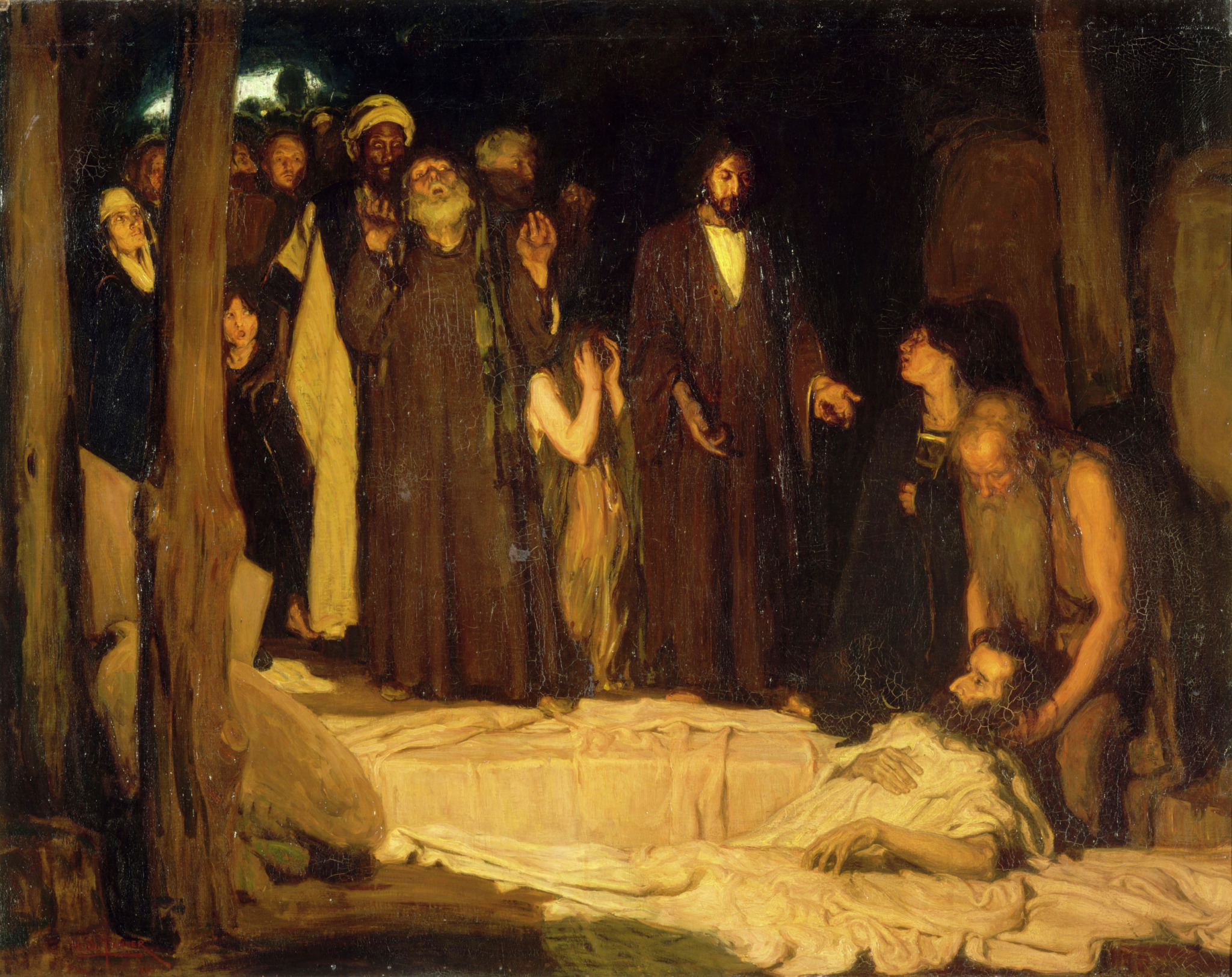 A ressurreição de Lázaro, em pintura de Henry Ossawa Tanner (1896): grupo de figuras em ambiente escuro contempla o corpo envolto em mortalha.