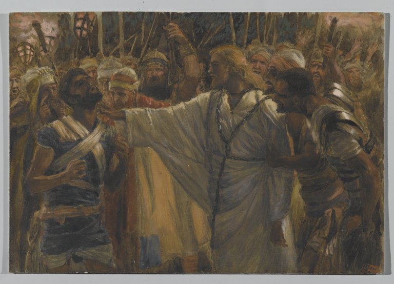 Jesus tocando a orelha de Malco, em aquarela de James Tissot, século XIX, retratando o episódio narrado nos Evangelhos.