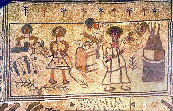 Mosaico antigo da sinagoga de Beit Alfa representando o sacrifício de Isaque, com figuras e inscrições em grego, século VI.