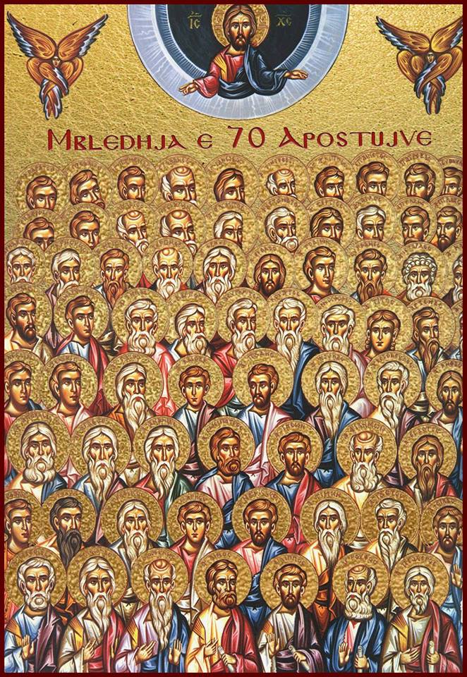 Ícone ortodoxo representando os setenta apóstolos enviados por Jesus, com Cristo ao centro no topo, em obra do século XXI.