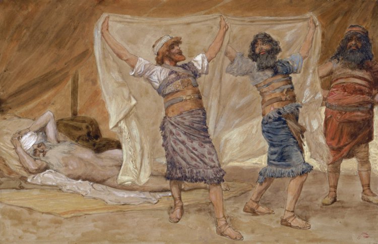 Dois filhos de Noé cobrem o pai com um manto, cena da embriaguez de Noé, em aquarela de James Tissot.