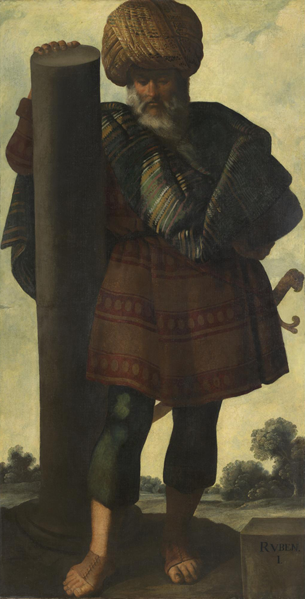 Rúben, filho primogênito de Jacó, representado em pintura de Francisco de Zurbarán, século XVII, com turbante e coluna.