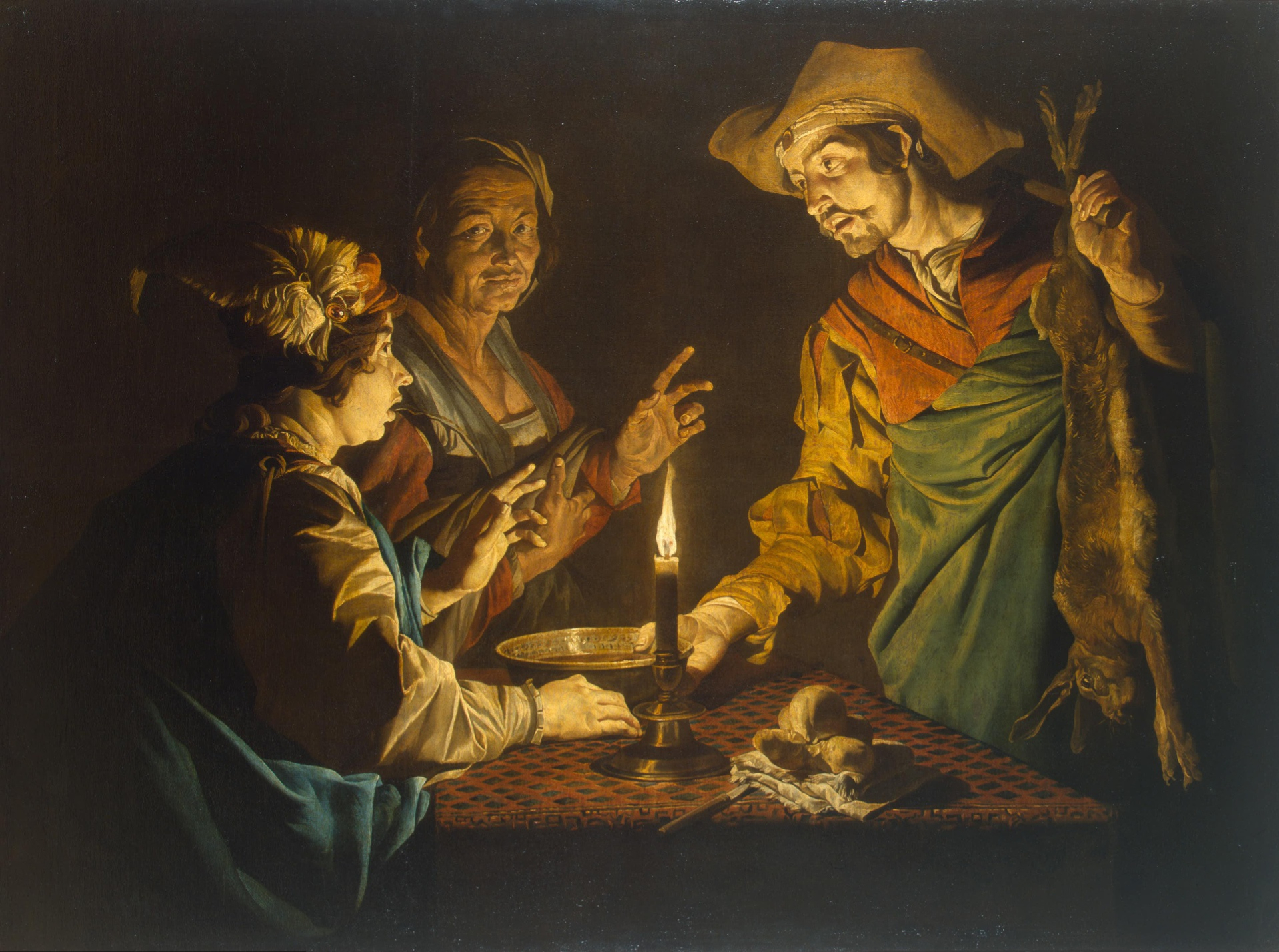 Esaú e Jacó em cena noturna à luz de vela, em pintura de Matthias Stom, década de 1640.