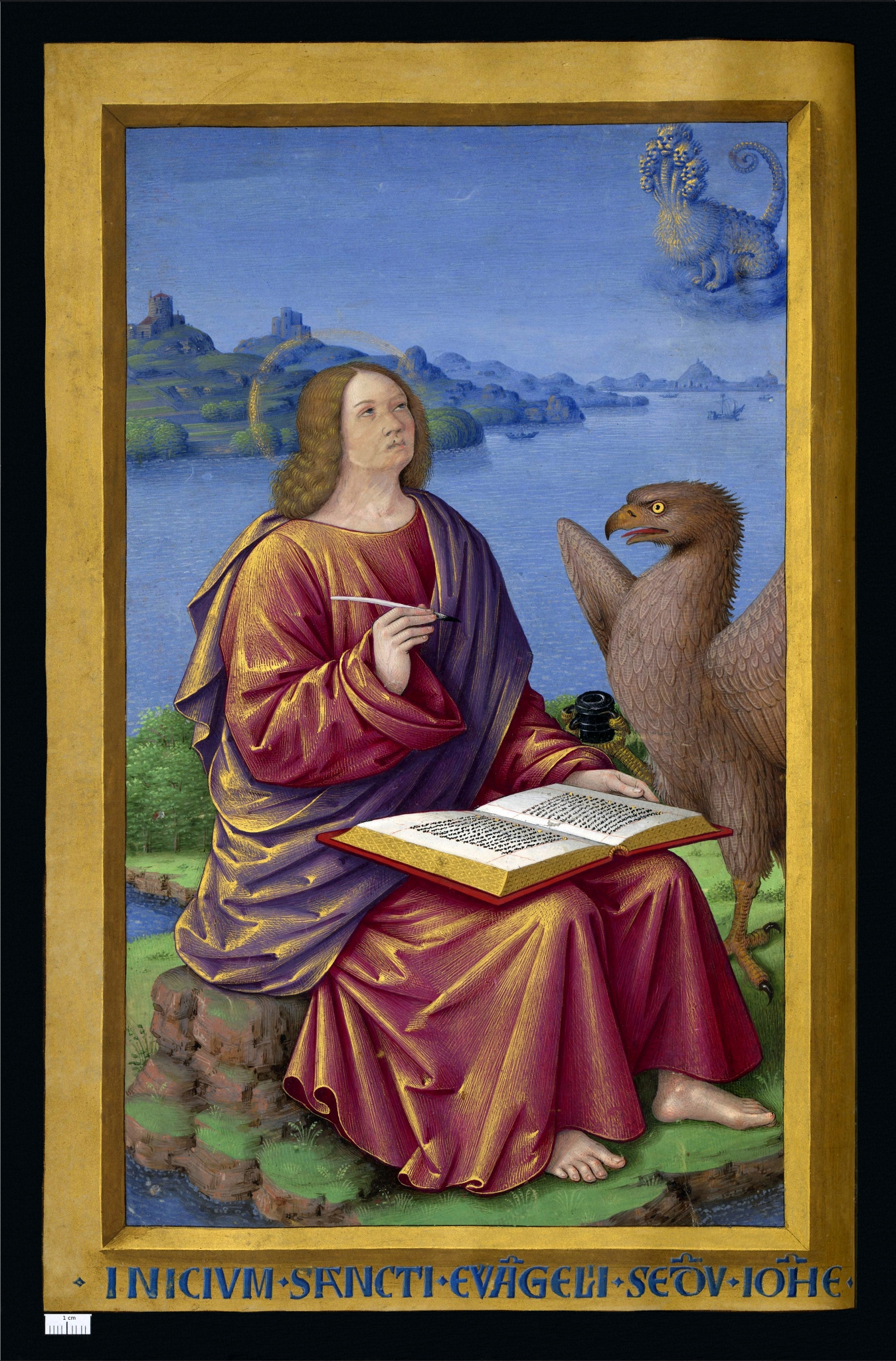 João Evangelista sentado com livro aberto e águia ao lado, em iluminura do início do século XVI de Jean Bourdichon.