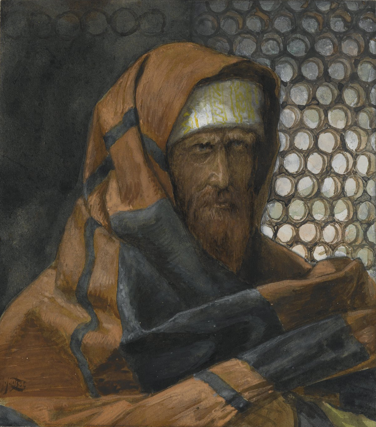 Retrato de Nicodemos em trajes judaicos tradicionais, em aquarela de James Tissot produzida entre 1886 e 1894.