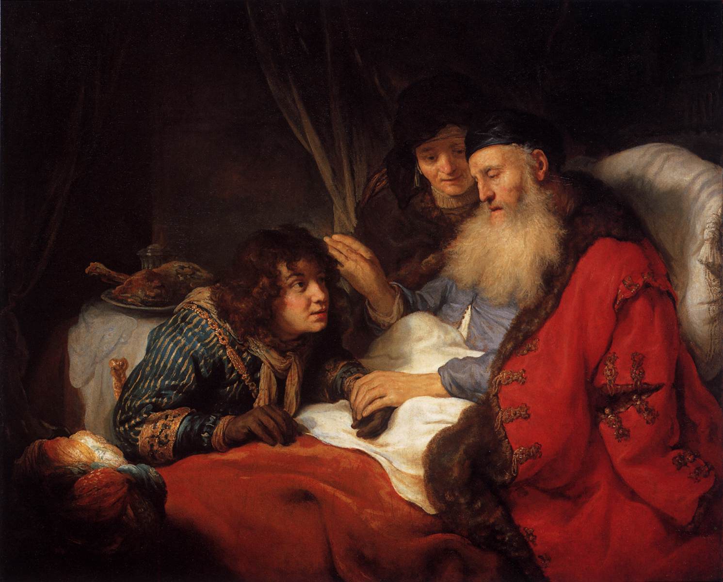 Idoso de barba abençoa jovem ajoelhado ao seu lado, representando Isaque e Jacó, em pintura de Govert Flinck, 1638.