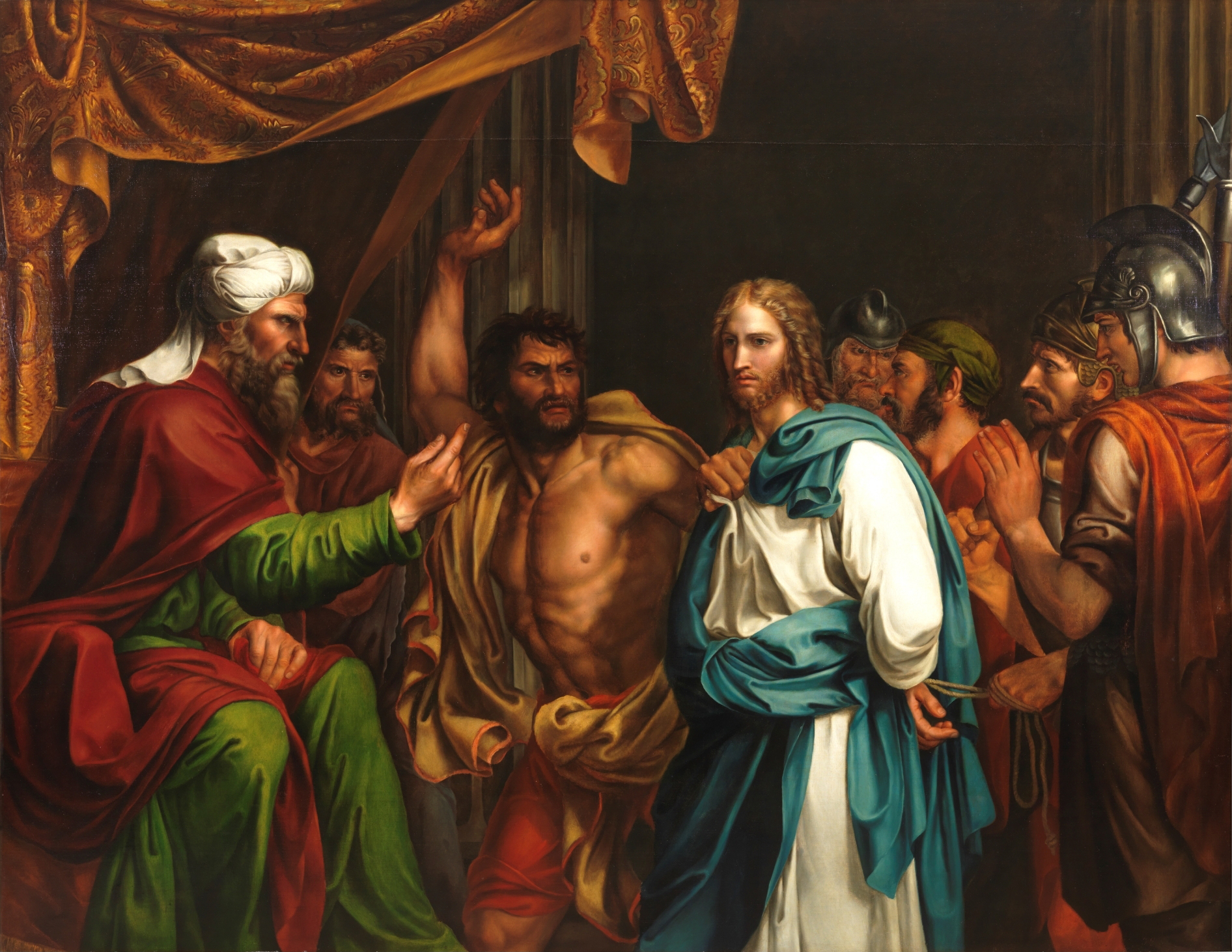 Jesus diante de Anás, figura sentada à esquerda em trajes de autoridade, em pintura de José de Madrazo y Agudo, 1803.