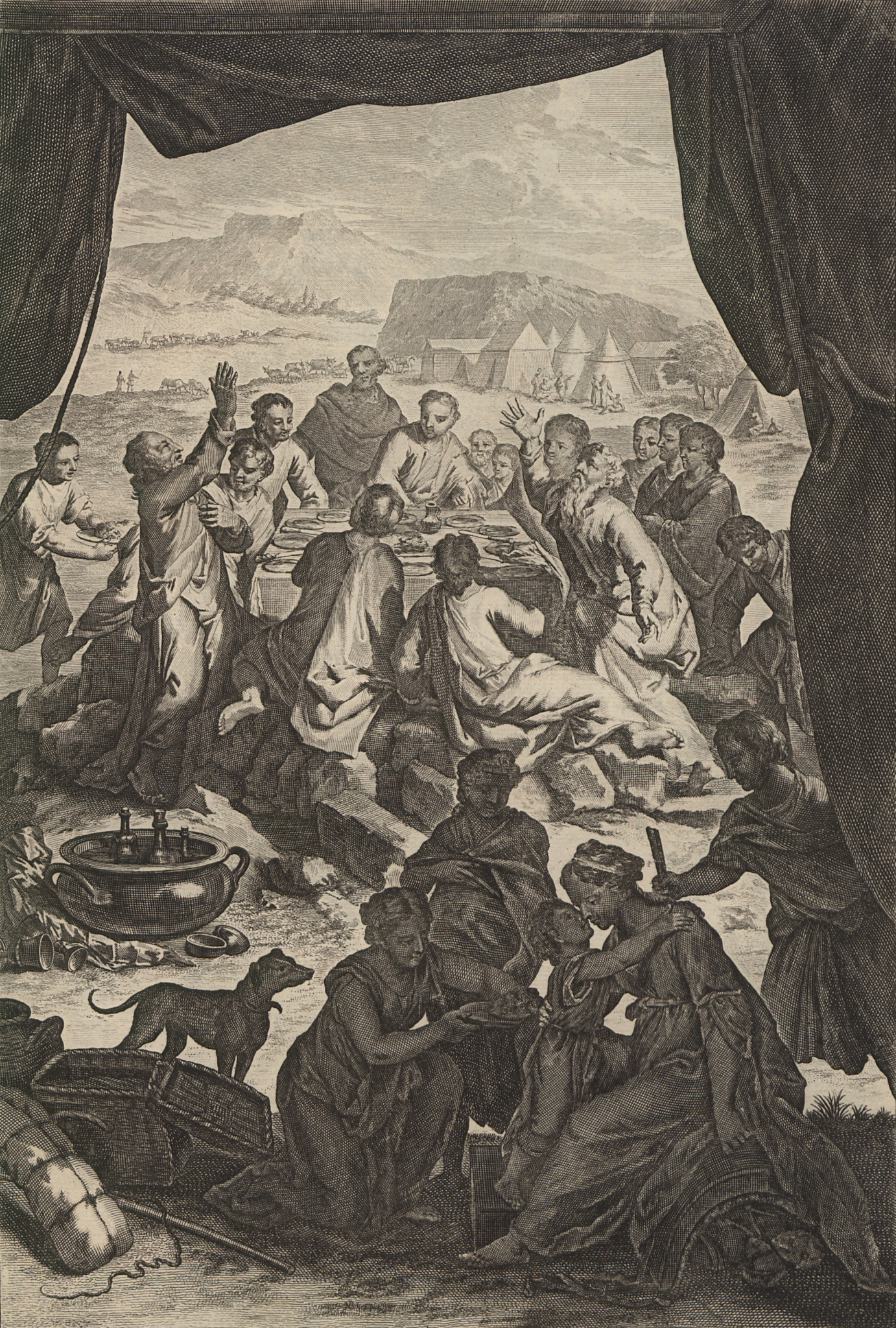 Jacó e Labão selando um pacto, em gravura de Gerard Hoet publicada em 1728.