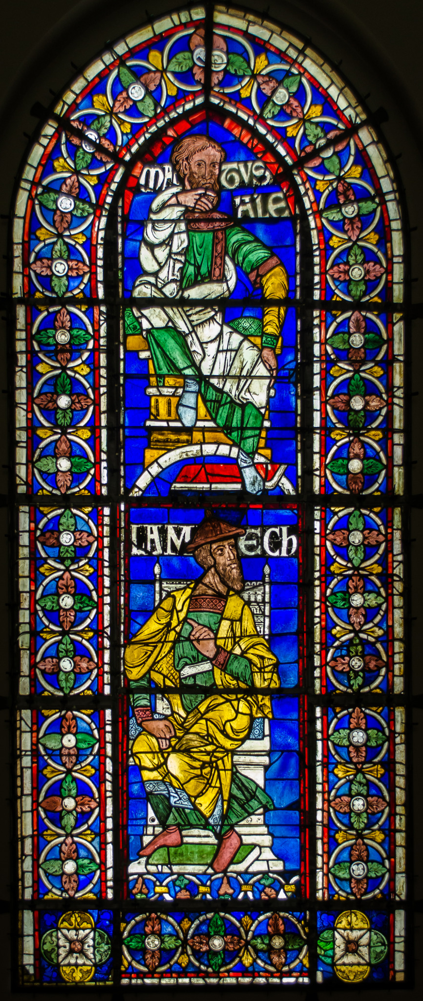 Matusalém e Lameque representados em vitral medieval da Catedral de Canterbury, Inglaterra, século XII.