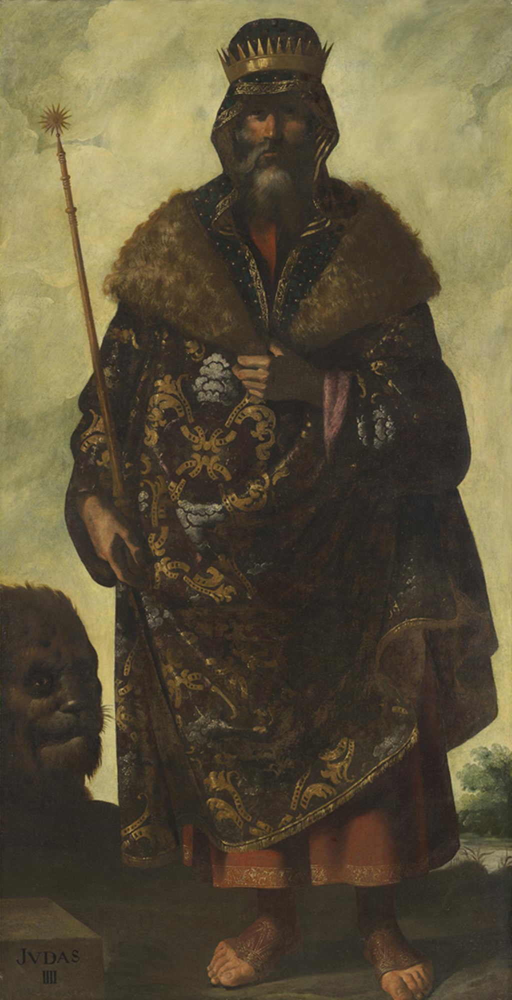 Judá, filho de Jacó, representado com coroa e manto ornamentado, em pintura de Francisco de Zurbarán, século XVII.