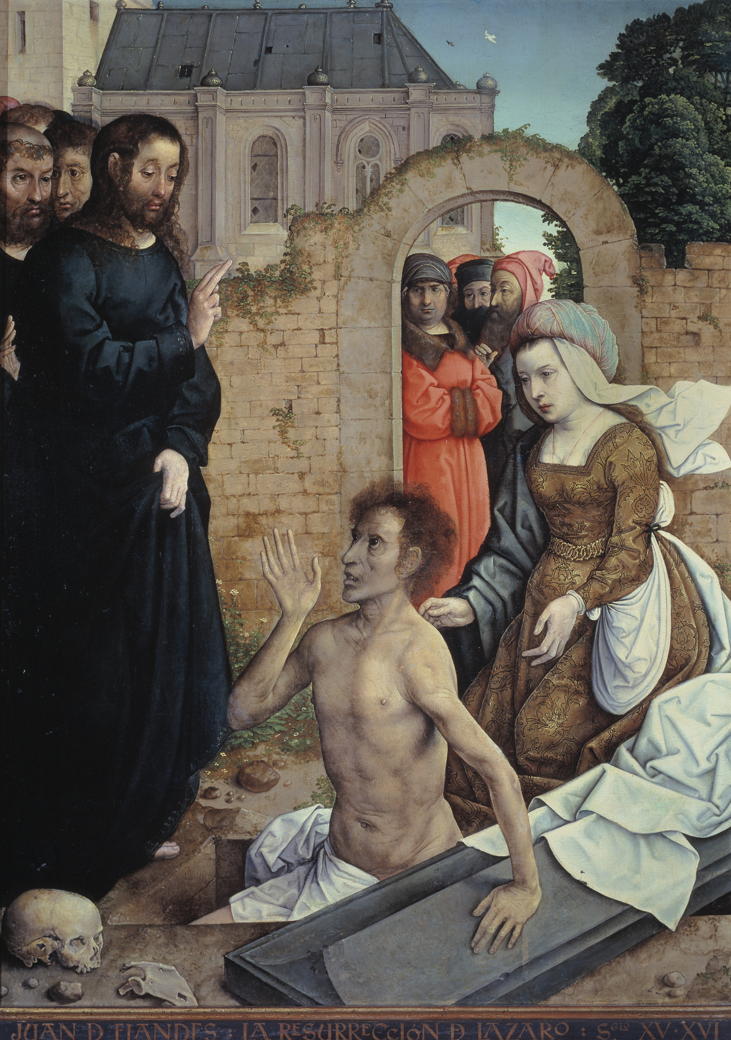 A ressurreição de Lázaro, em pintura de Juan de Flandes (1514–1519): figura emerge do sepulcro enquanto Jesus gesticula e mulheres observam.