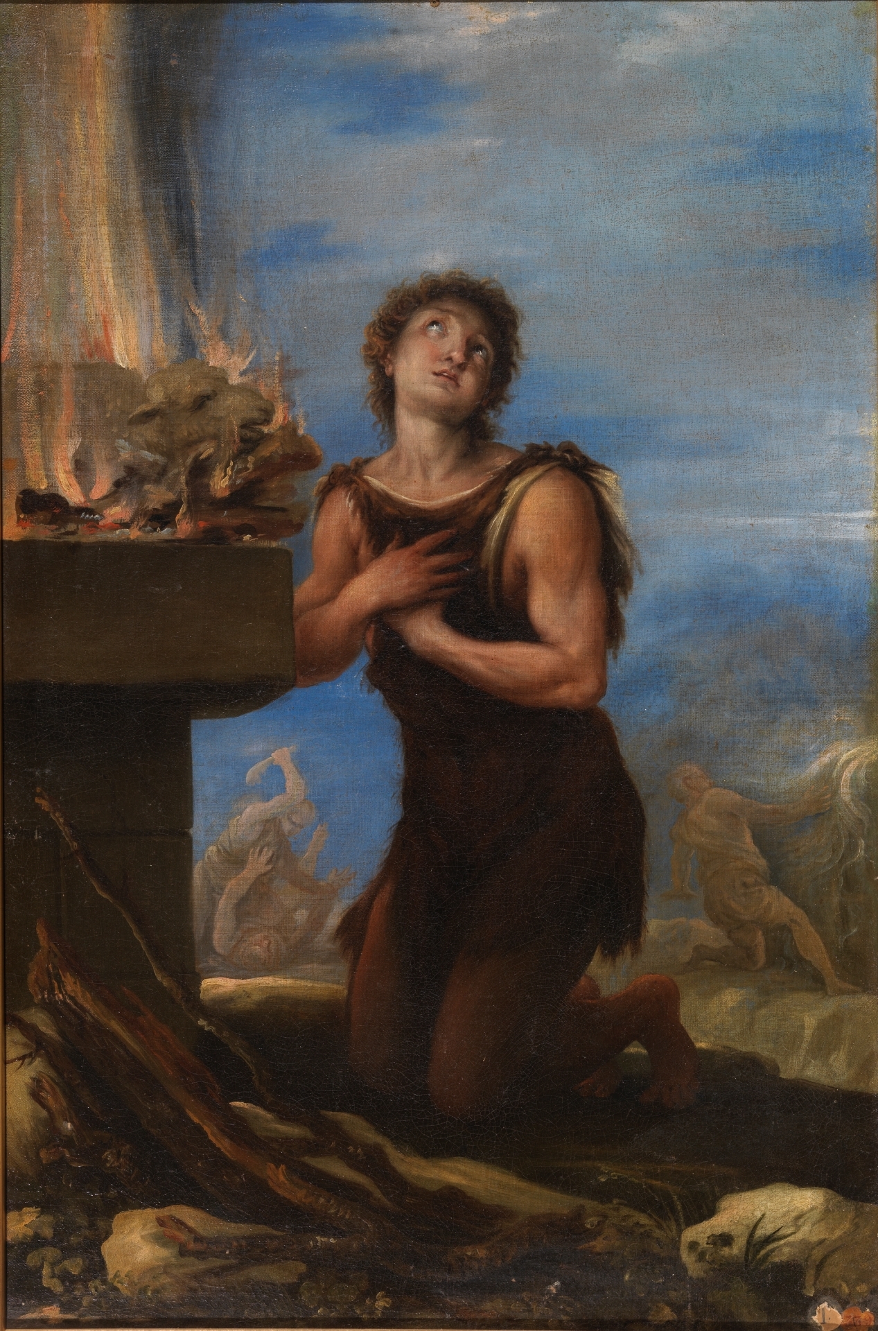 Abel ajoelhado diante do altar com oferta em chamas, olhando para o céu, em pintura barroca do Museu do Prado.