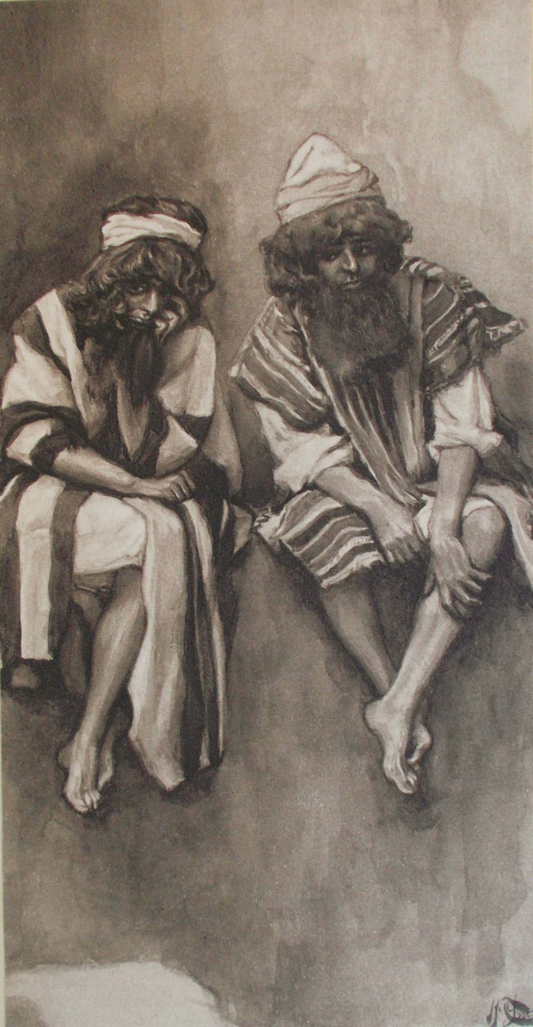 Simeão e Levi sentados lado a lado, em ilustração de James Tissot publicada em 1904, baseada em Gênesis 49.