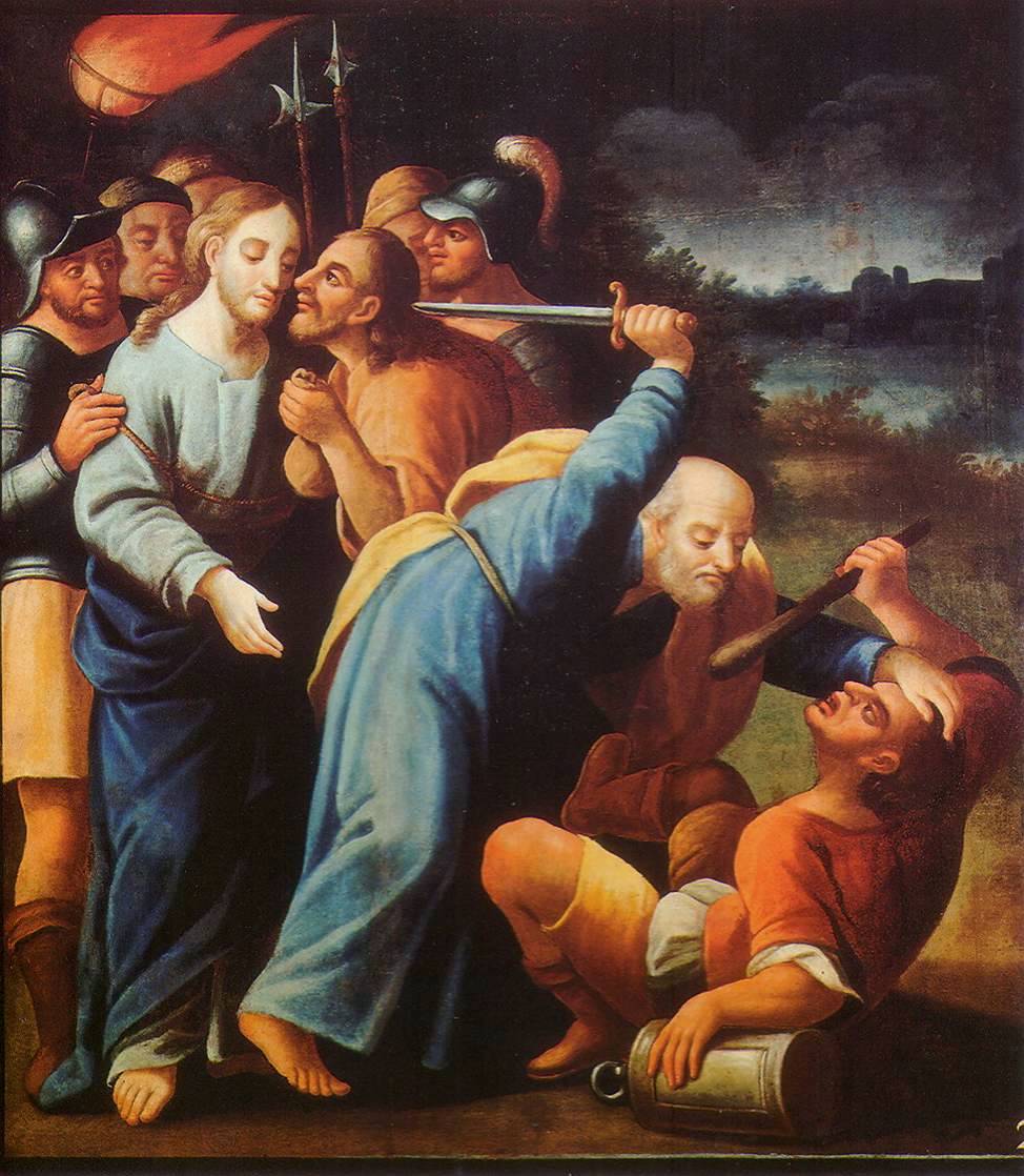 Pedro brandindo a espada contra Malco, servo do sumo sacerdote, em pintura de José Joaquim da Rocha, 1786.