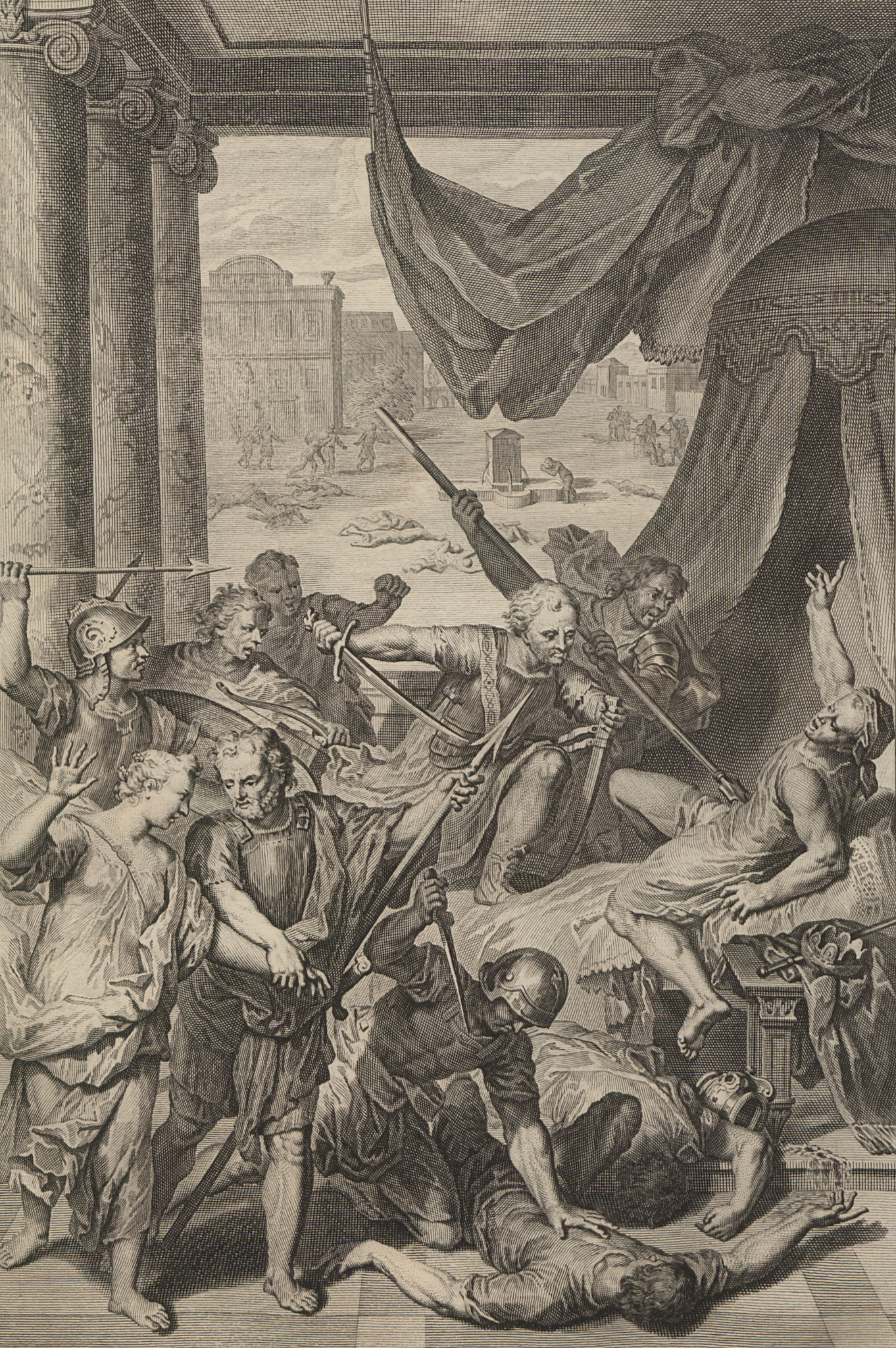 Simeão e Levi, irmãos de Diná, atacam os siquemitas em gravura do século XVIII de Gerard Hoet.