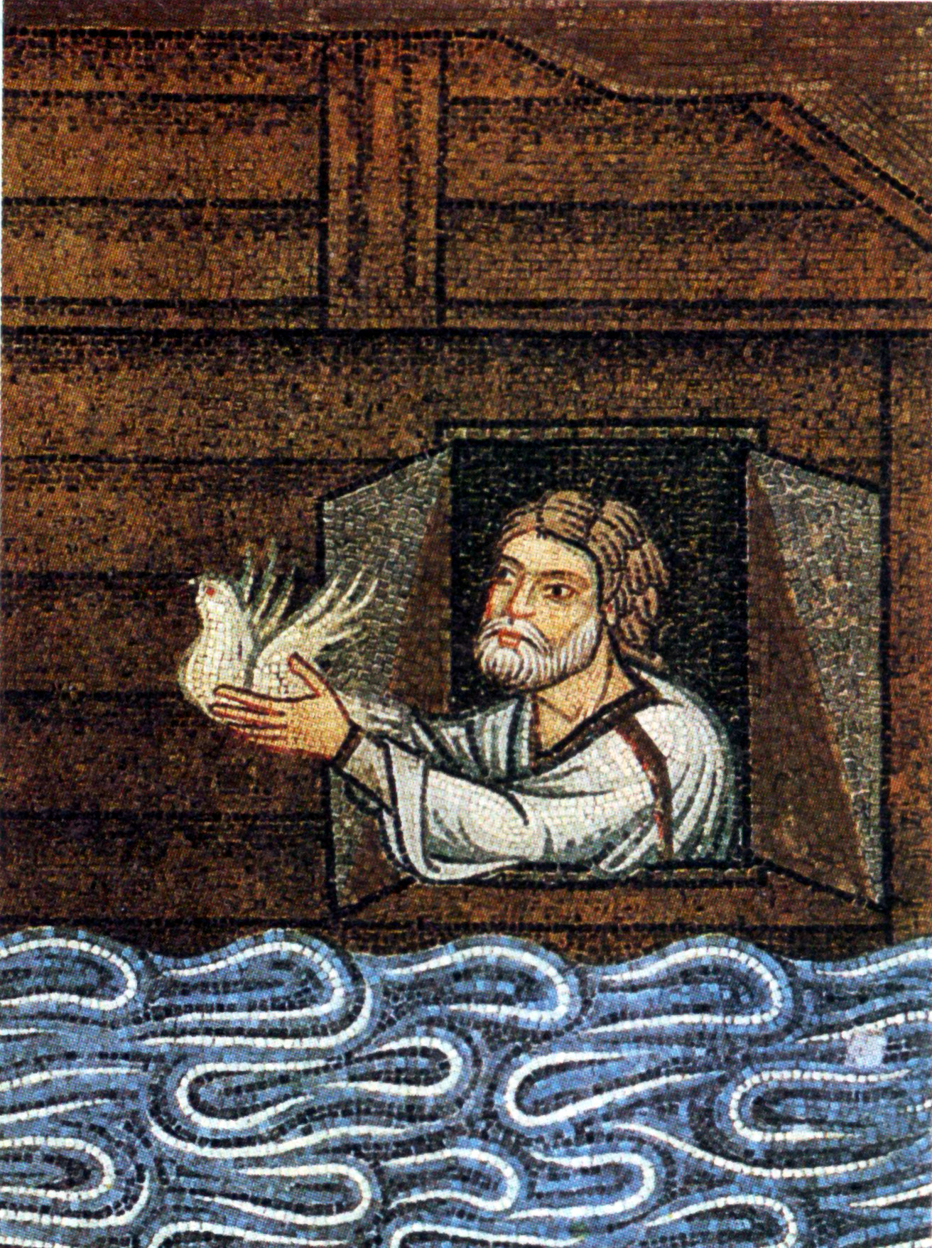 Noé solta uma pomba da janela da arca sobre as águas, em mosaico bizantino dos séculos XII-XIII.