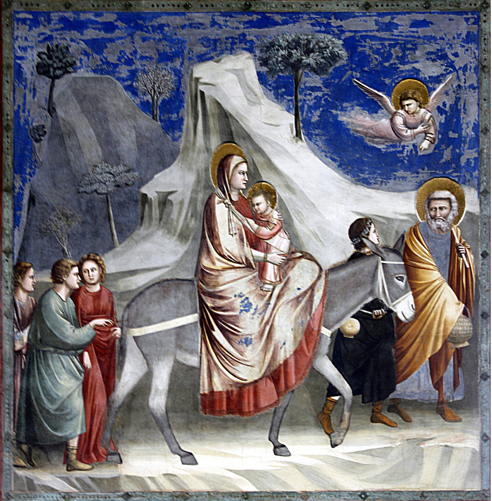 Maria carrega o menino Jesus sobre um jumento na fuga para o Egito, em afresco de Giotto na Capela Scrovegni (século XIV).
