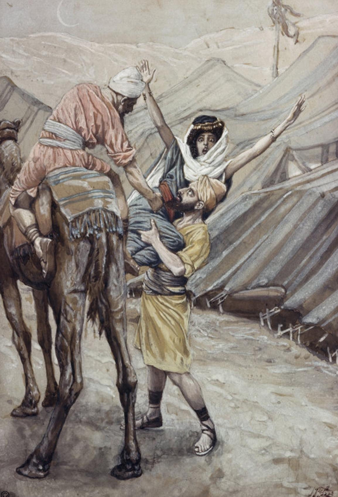 Diná sendo levada por Siquém, em aquarela de James Tissot do século XIX baseada no episódio de Gênesis 34.