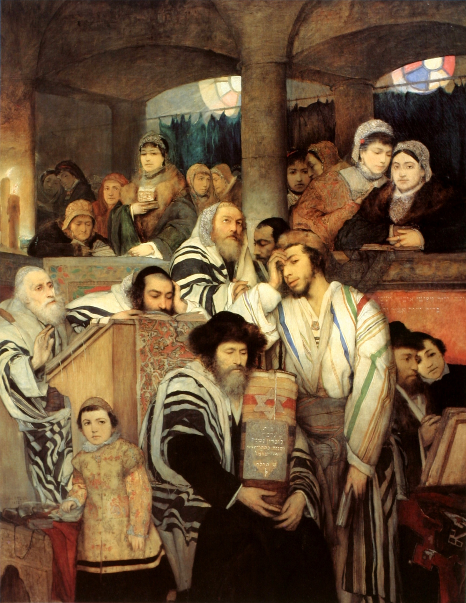 Judeus reunidos em oração na sinagoga durante o Yom Kippur, em pintura de Maurycy Gottlieb, 1878.