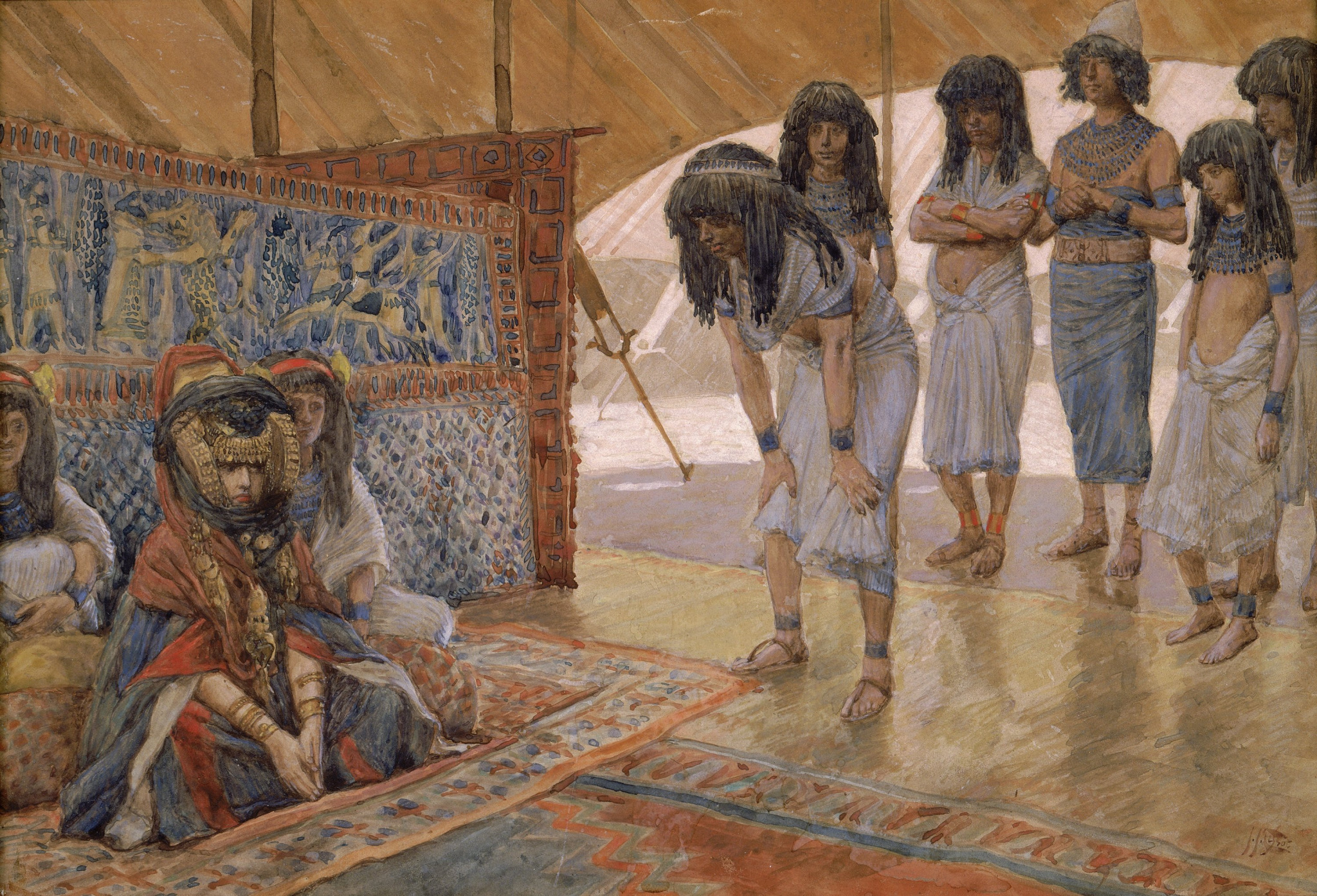 Sarai sentada enquanto emissários egípcios se curvam diante dela, em pintura de James Tissot sobre o episódio no Egito.