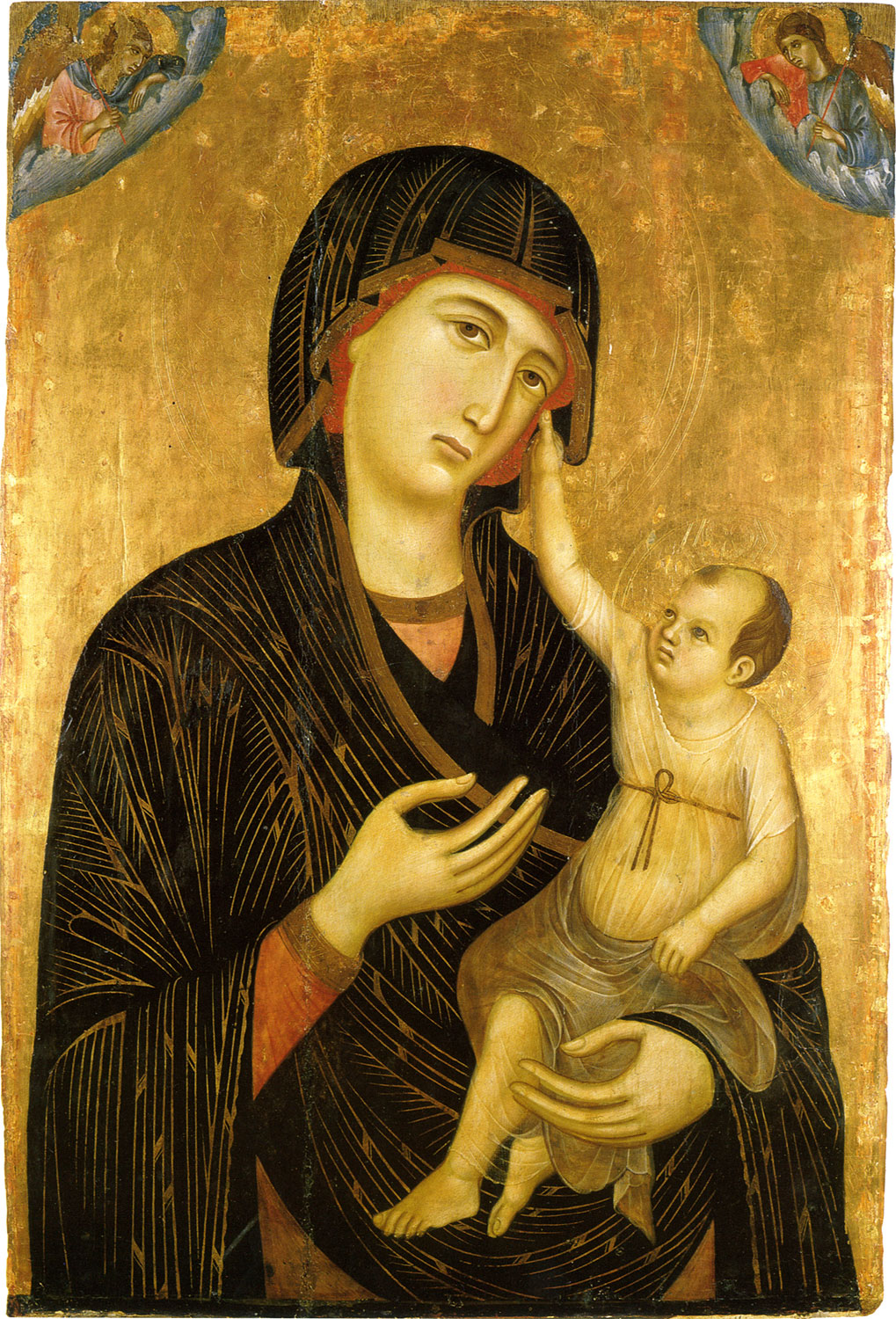 Maria segura o menino Jesus no colo, em painel de Duccio di Buoninsegna pintado entre 1283 e 1284.