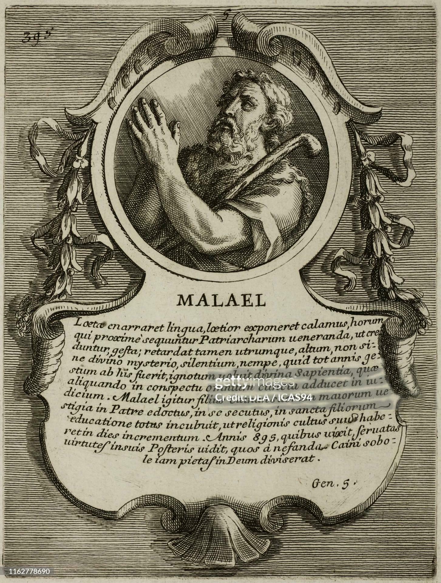 Gravura de Bartolomeo Gai (1751) representando Malael, patriarca bíblico, com inscrição latina mencionando seus 895 anos de vida.