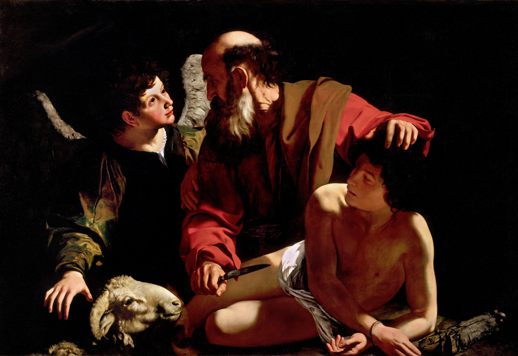 Abraão prestes a sacrificar Isaque enquanto um anjo intervém, em pintura barroca atribuída a Caravaggio, cerca de 1603.