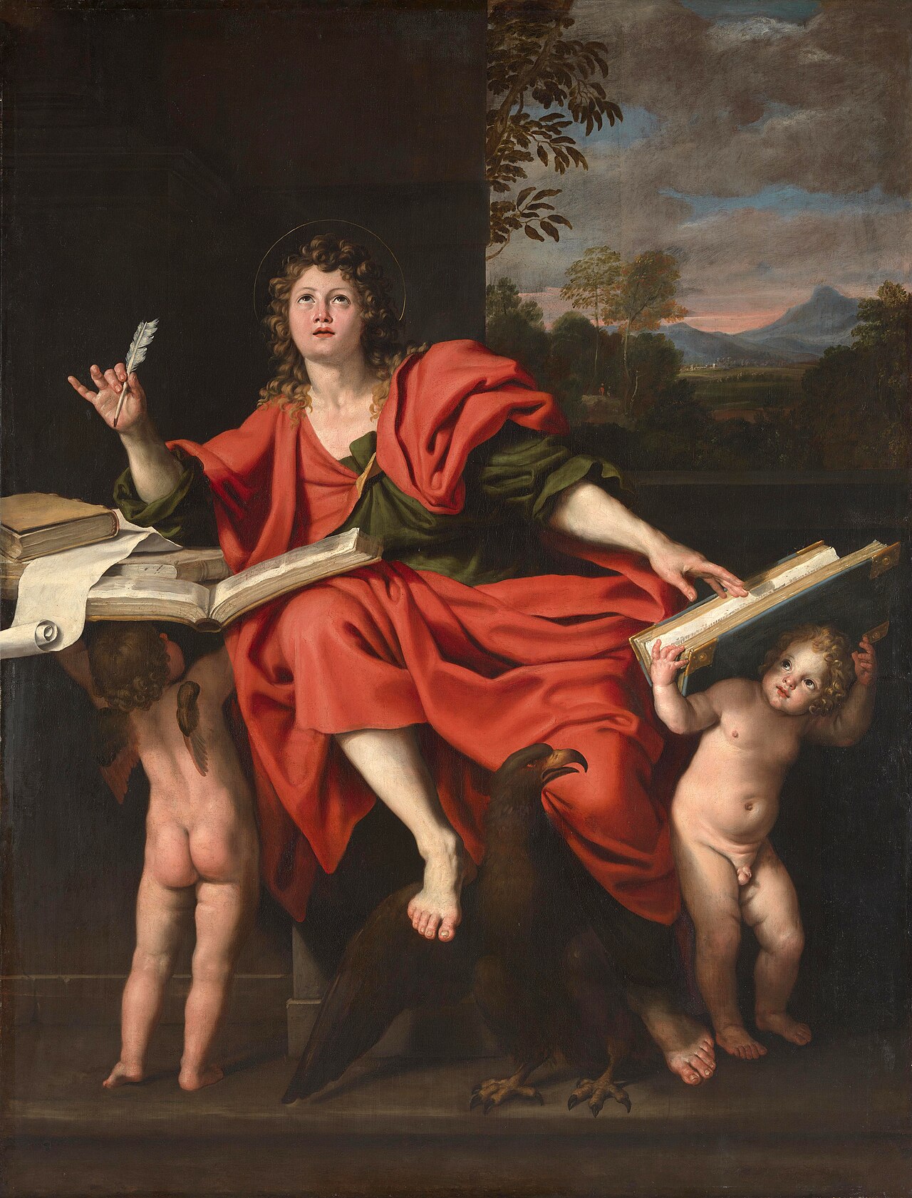 João Evangelista com pena, livros abertos e águia aos pés, em pintura de Domenichino do século XVII.