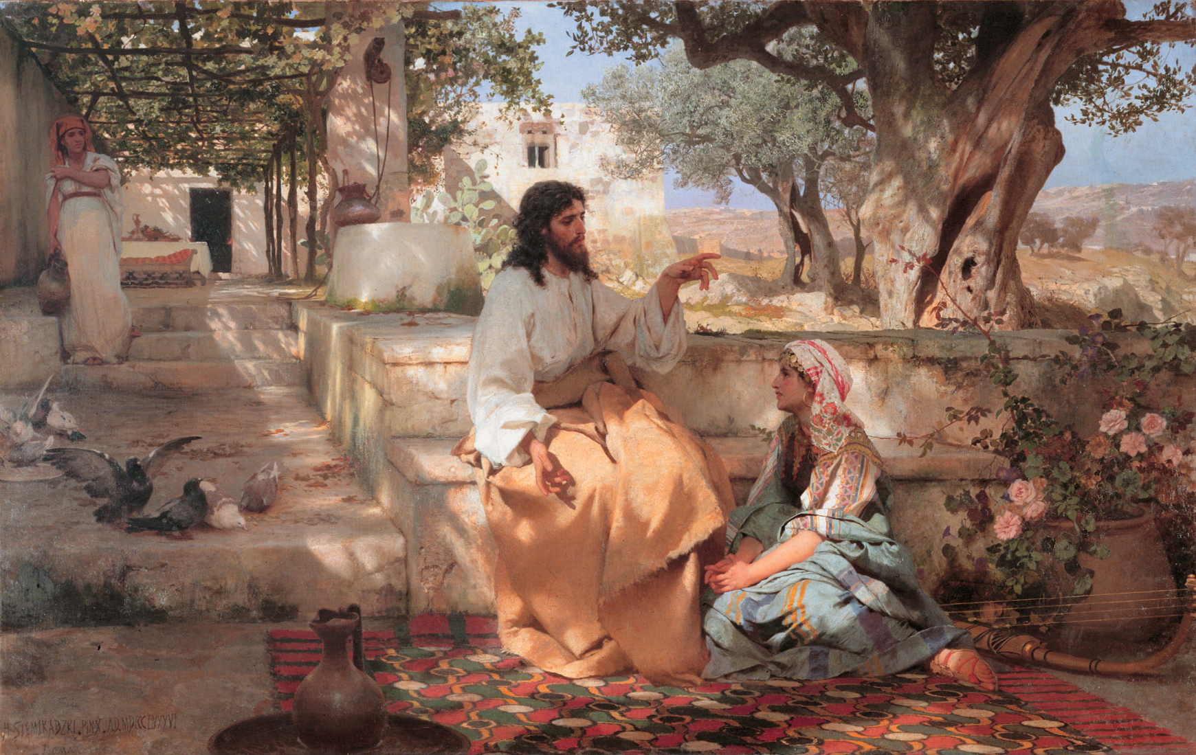 Jesus conversa com Maria no jardim enquanto Marta observa ao fundo, em pintura de Henryk Siemiradzki, 1886.
