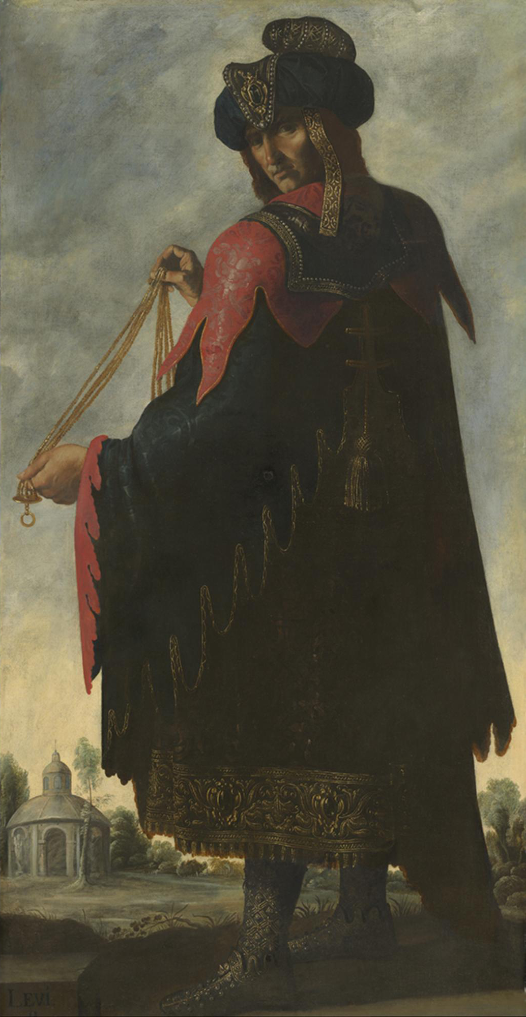 Figura de Levi em trajes orientais segurando correntes, em pintura a óleo de Francisco de Zurbarán, entre 1640 e 1645.