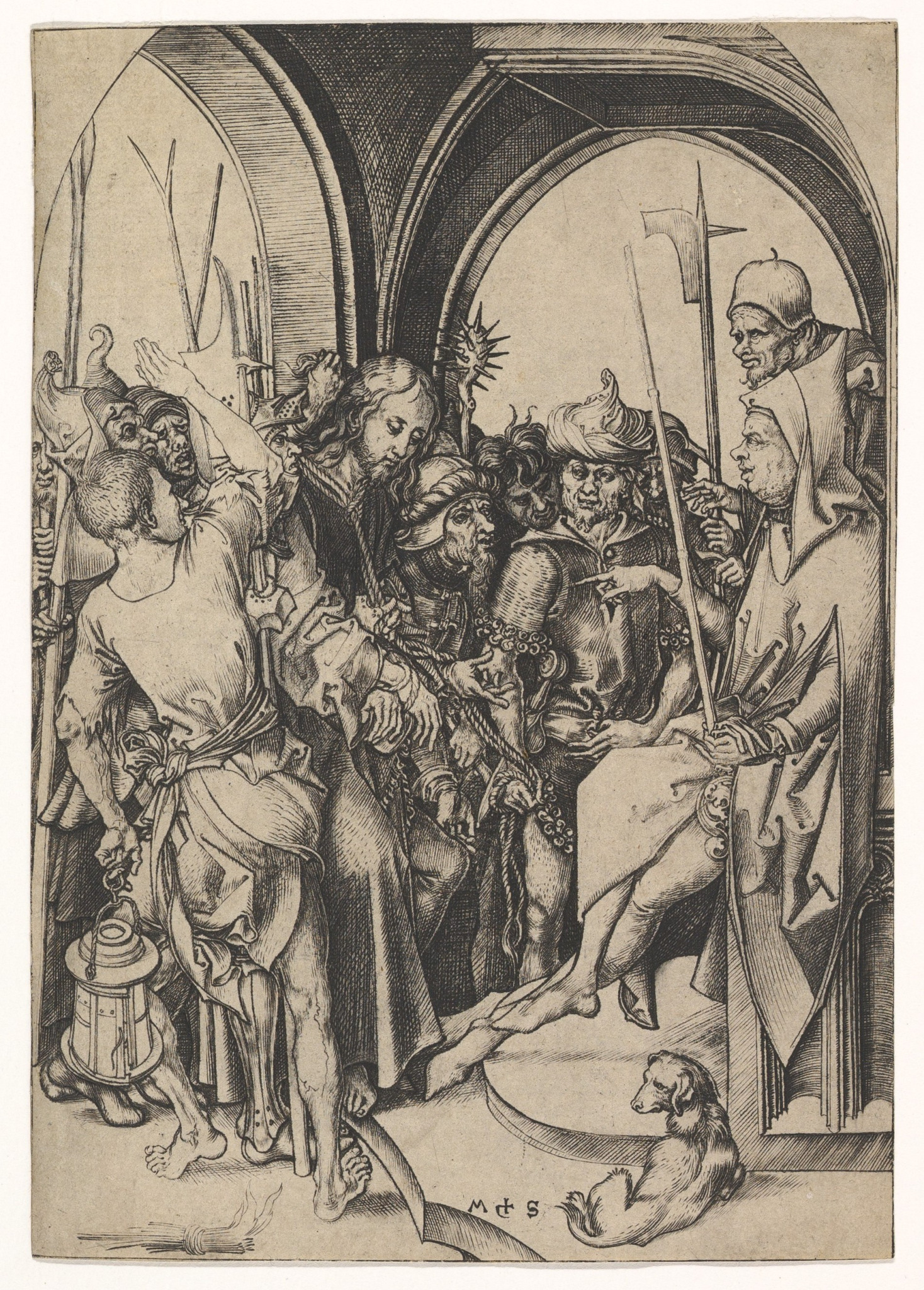 Jesus perante Anás, rodeado por guardas, em gravura de Martin Schongauer, cerca de 1480, representando o interrogatório após a prisão.