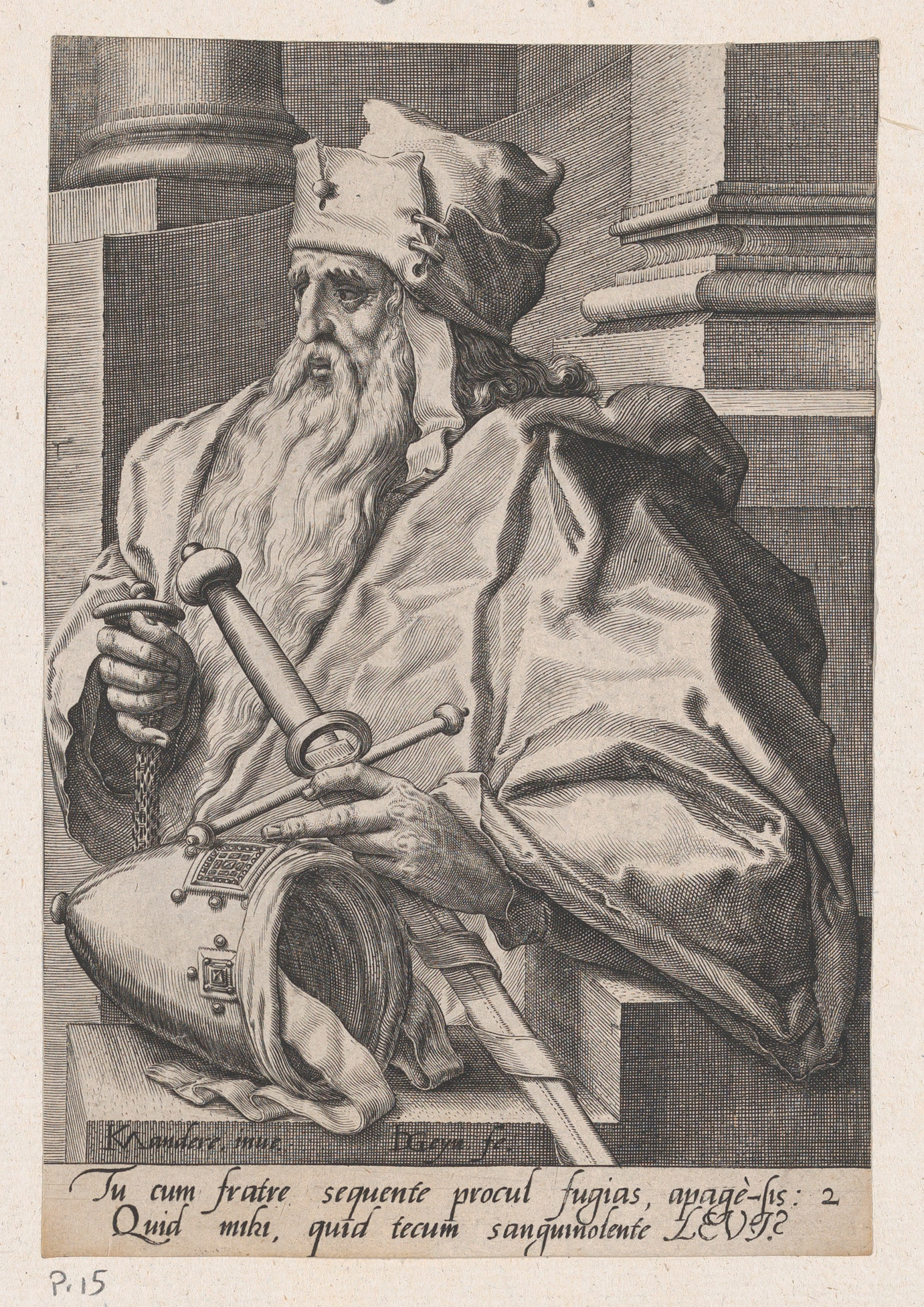 Levi, filho de Jacó, representado como ancião barbado segurando atributos sacerdotais, em gravura do século XVI de Jacob de Gheyn II.