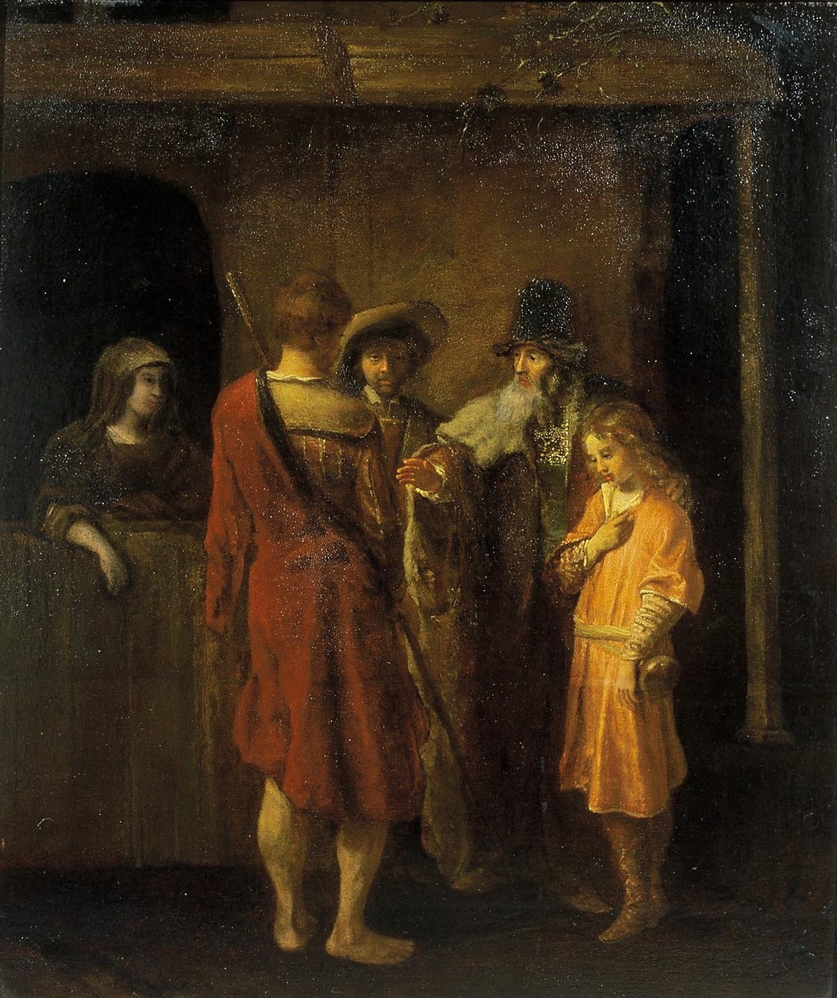 Cena da partida de Benjamim com seu pai Jacó e irmãos, em pintura atribuída a Abraham van Dijck, cerca de 1650.