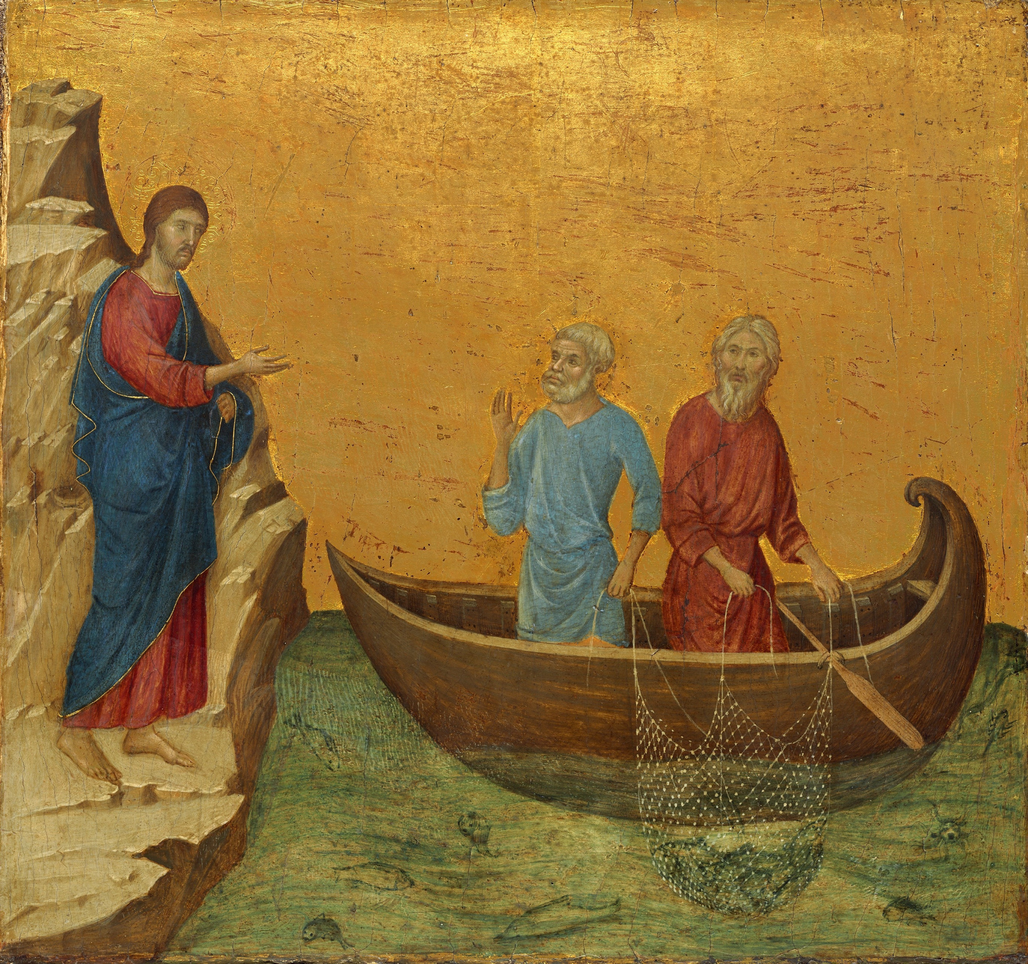 Jesus chama Pedro e André enquanto pescam, em painel de Duccio di Buoninsegna do início do século XIV.