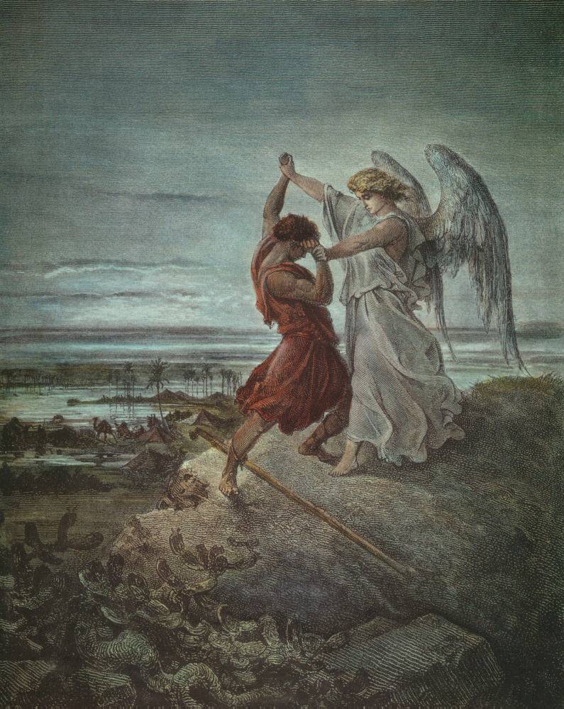 Jacó luta com um ser alado, cena que simboliza a mudança de nome para Israel, em gravura de Gustave Doré, 1855.